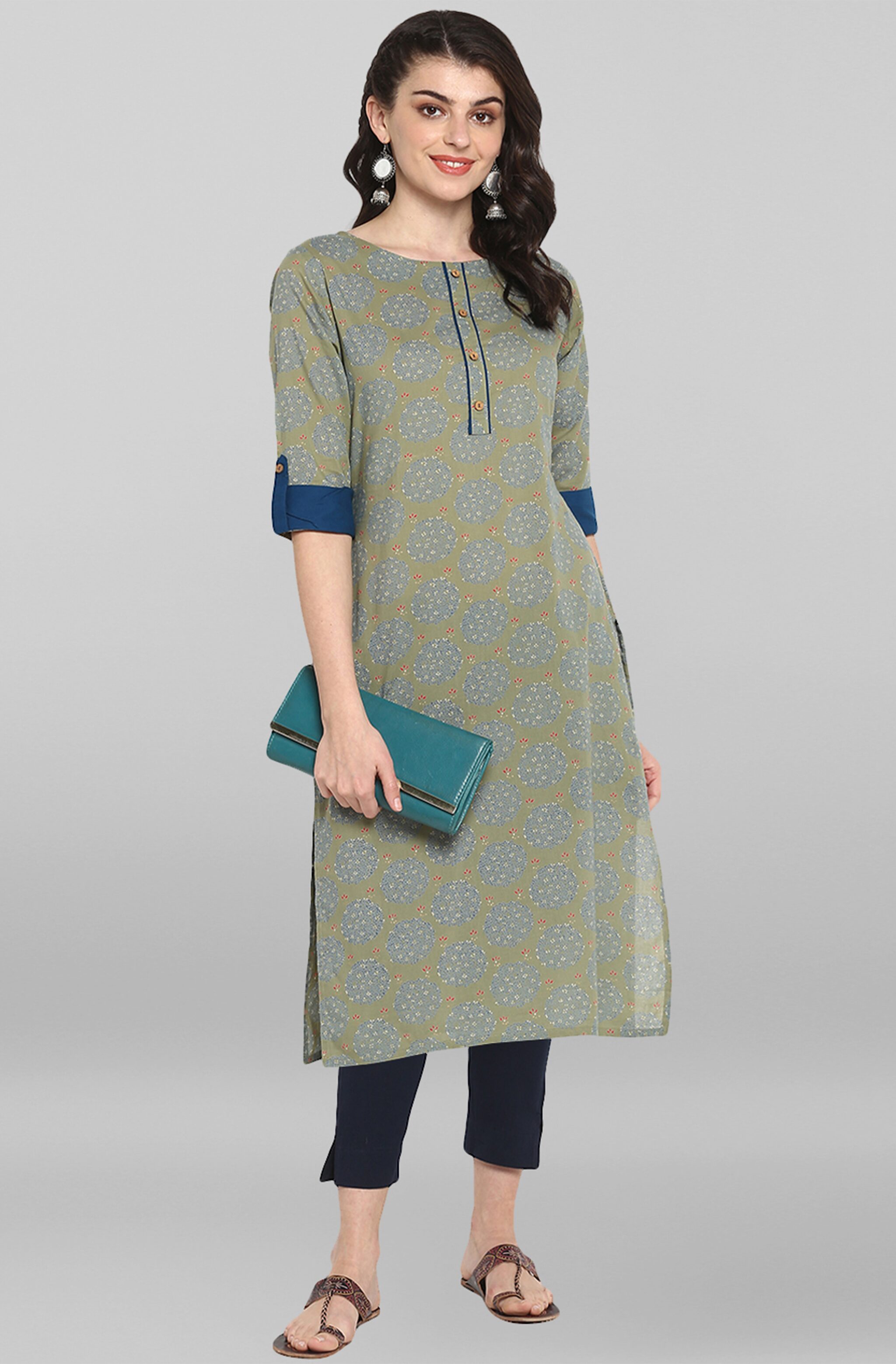 

Janasya Women Green Floral Straight Kurta