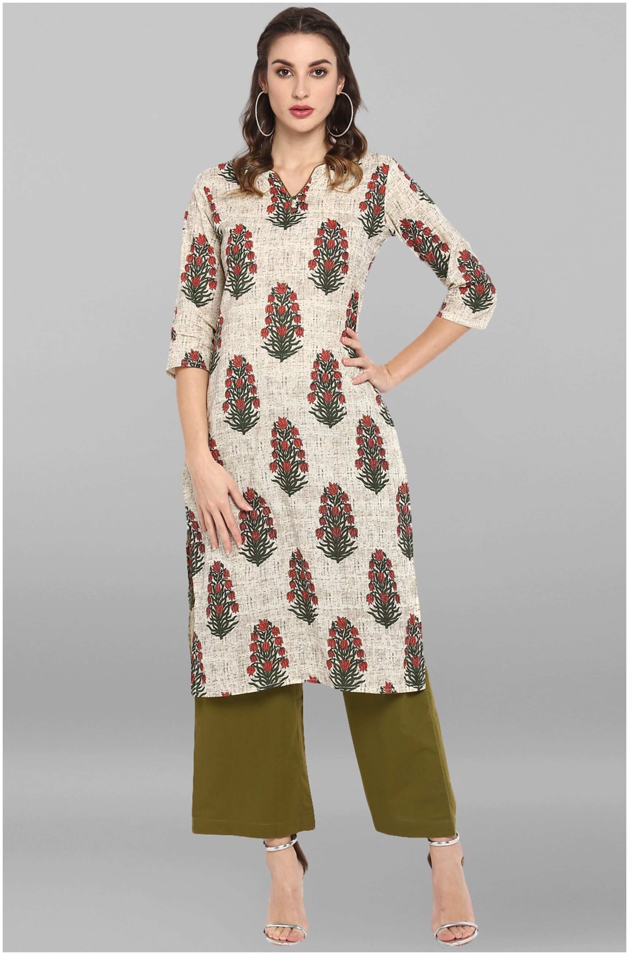 

Janasya Women Beige Floral Straight Kurta