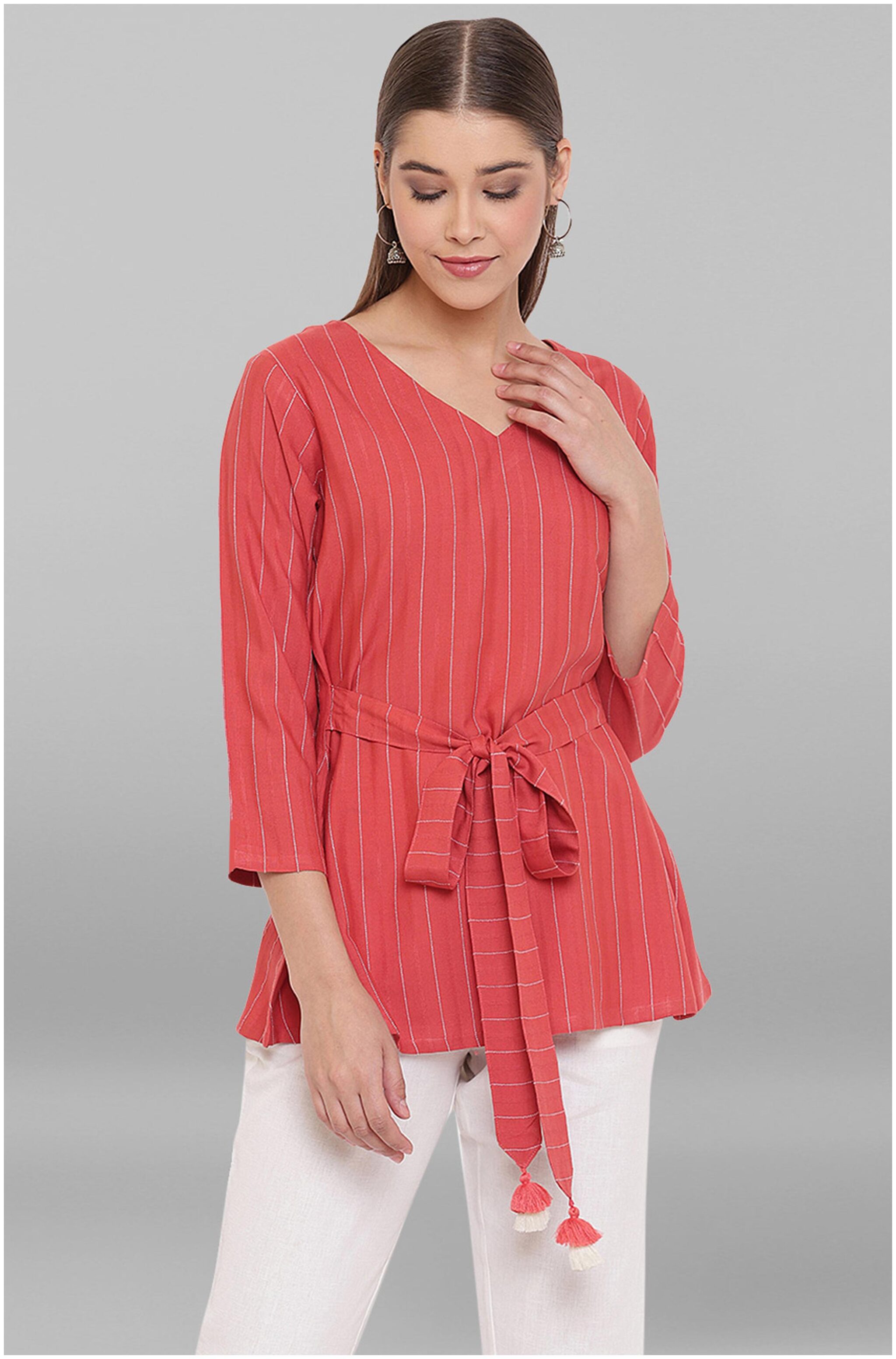 

Janasya Women Striped Regular top - Red