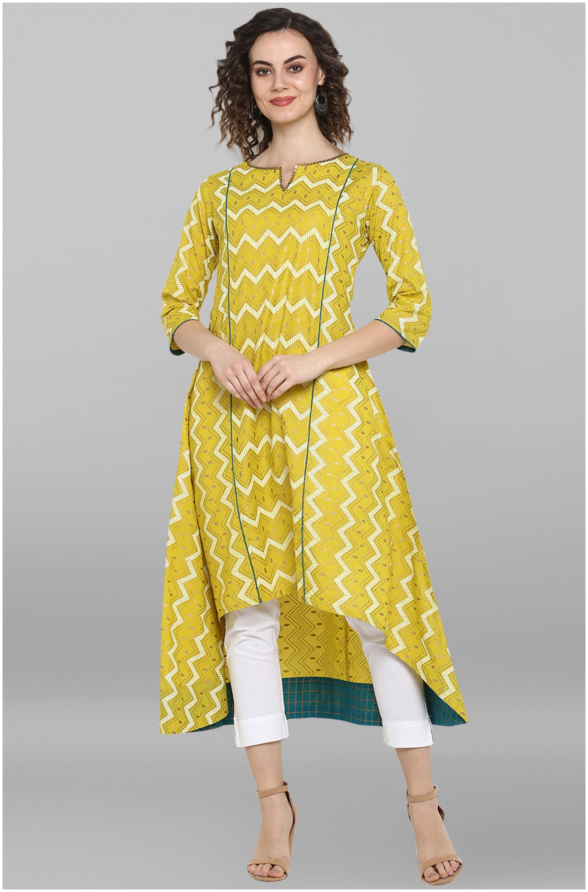 

Janasya Women Cotton 3 4th Sleeves Kurti (Yellow)