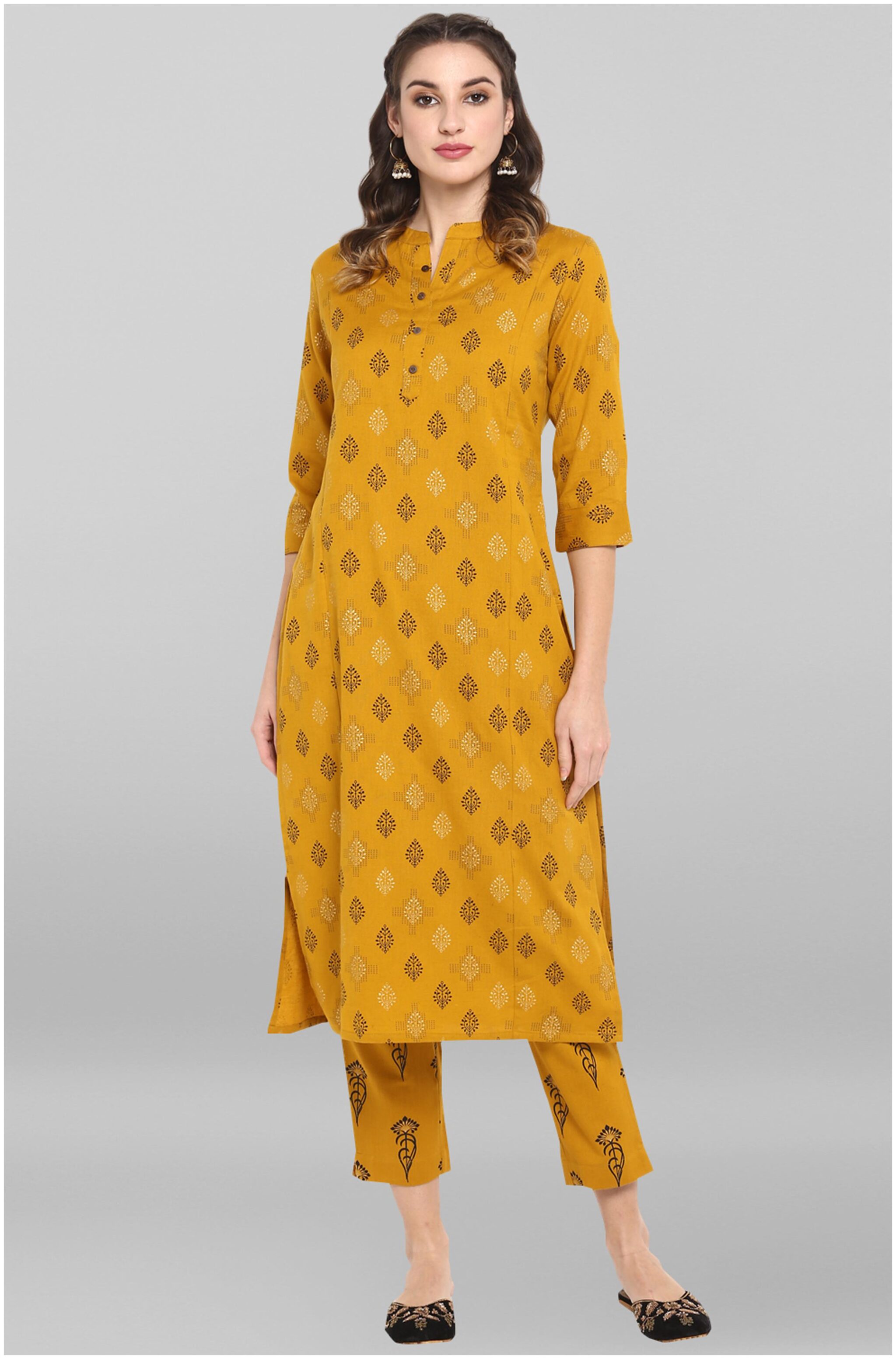 

Janasya Women Yellow Printed Straight Kurta With Pants