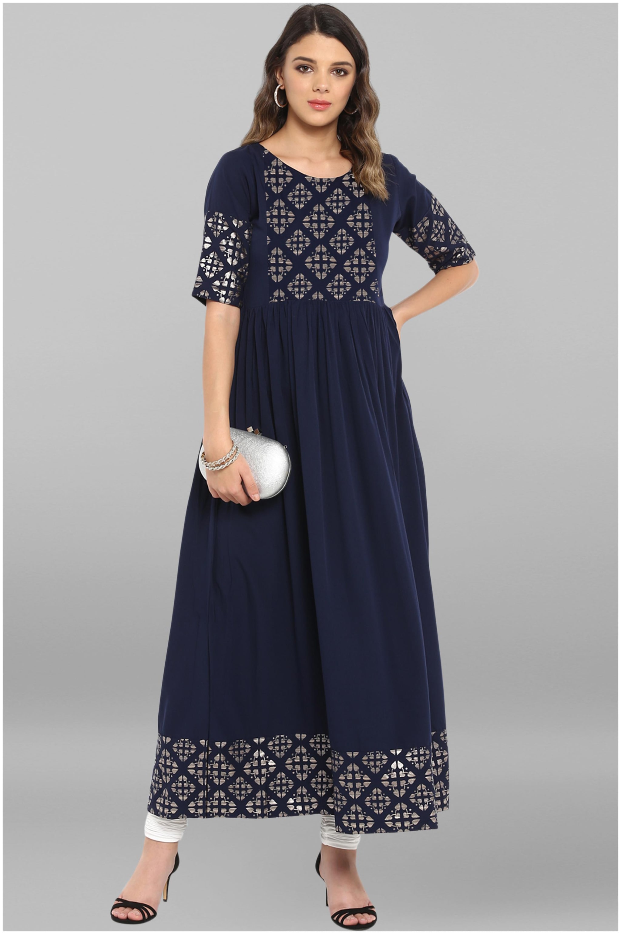

Janasya Women Crepe Printed A Line Kurta Blue