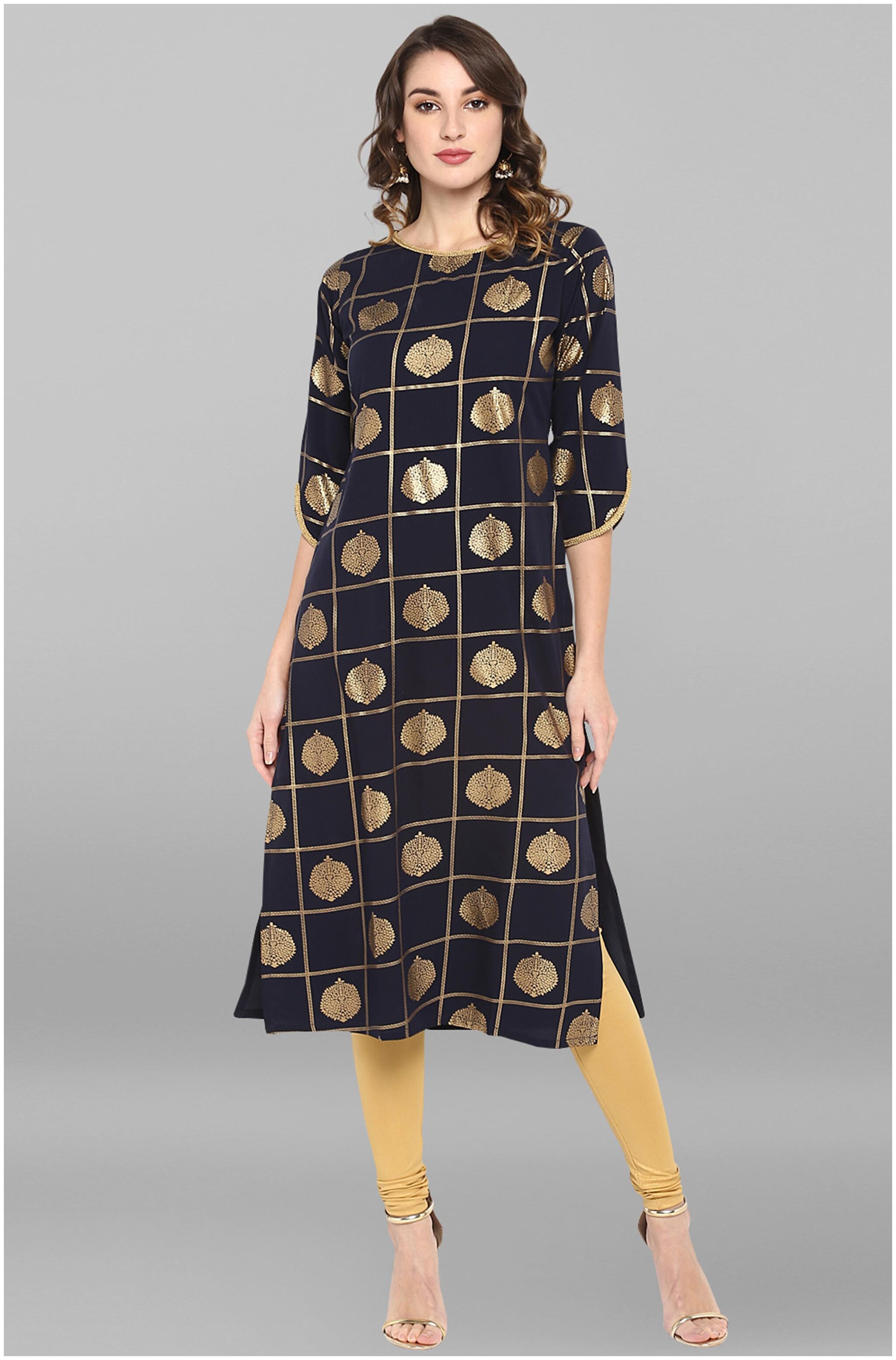 

Janasya Women Blue Printed Straight Kurta