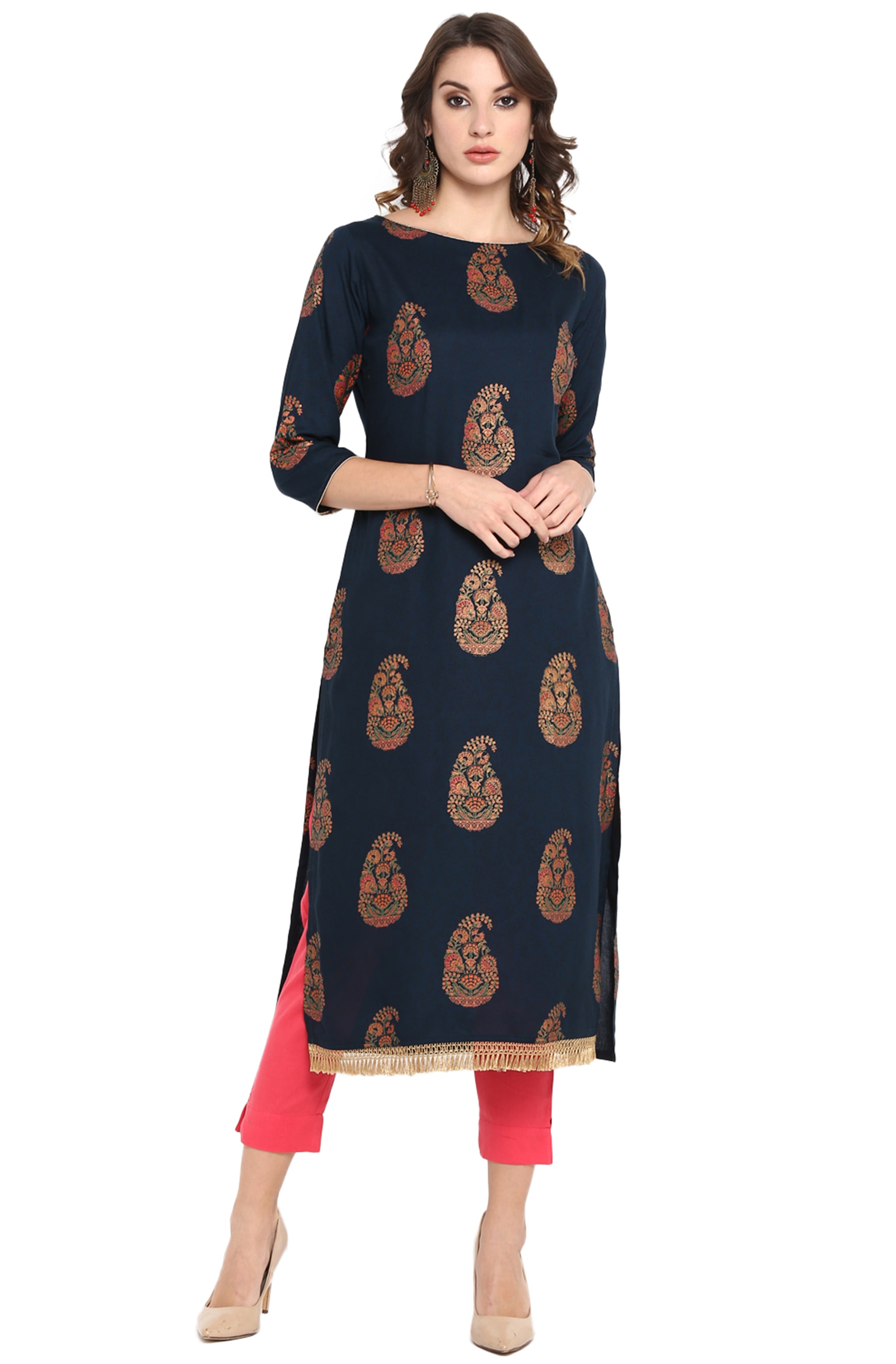 

Janasya Women Navy Blue Pure Cotton Kurta With Pant