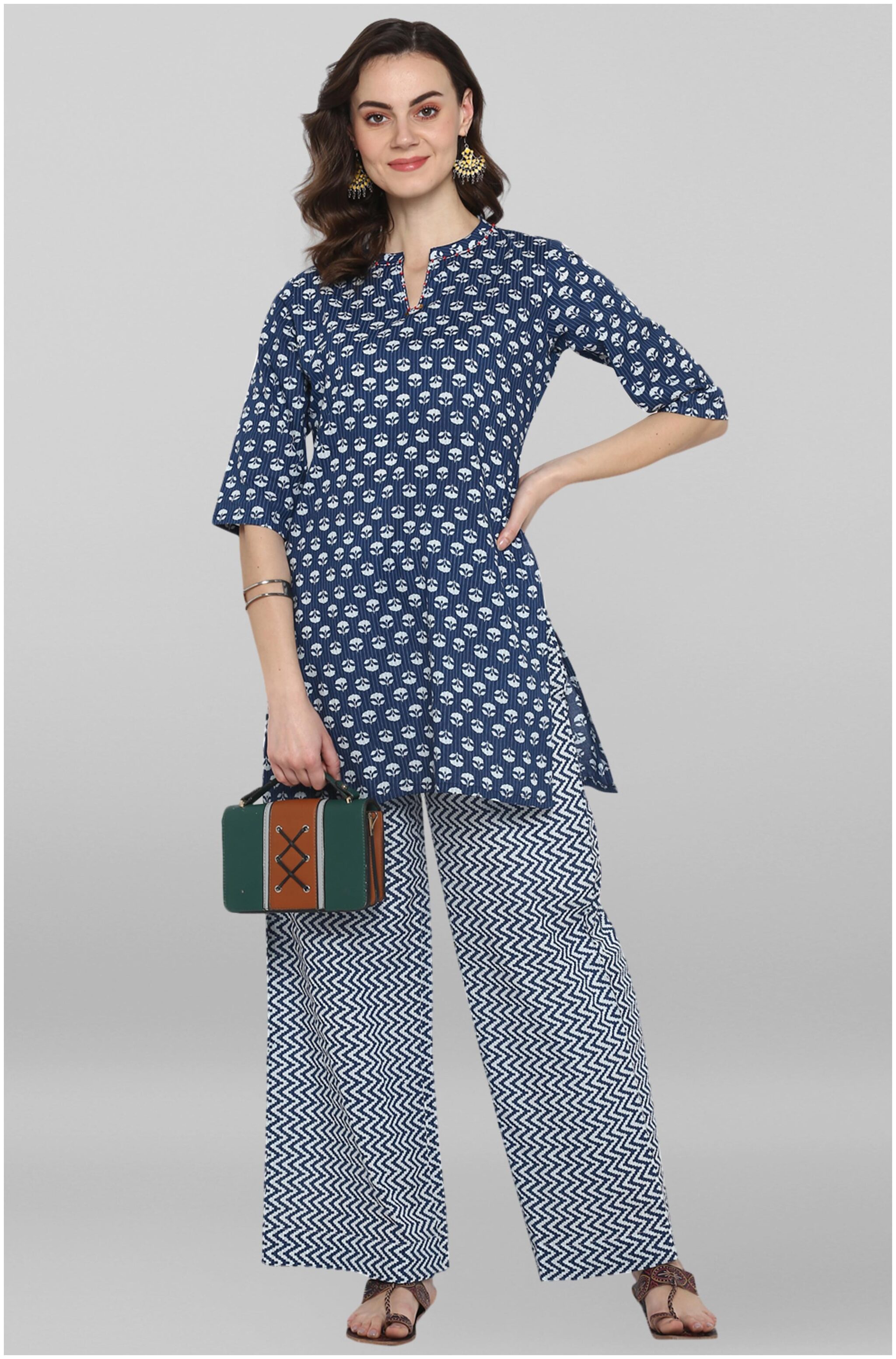 

Janasya Women s Blue Pure Cotton Top With Palazzo Floral