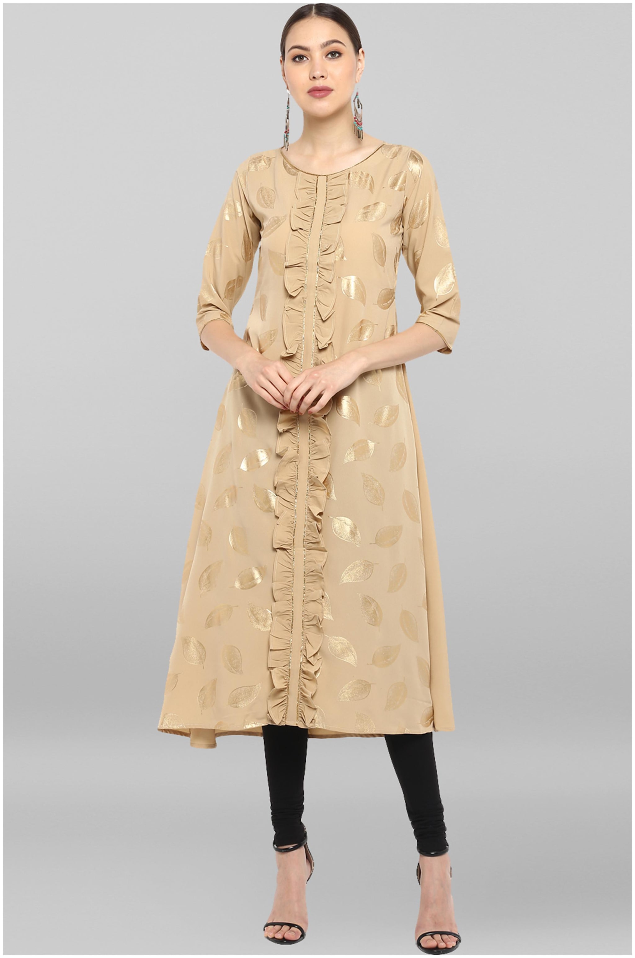 

Janasya Women s Beige Poly Crepe Kurta