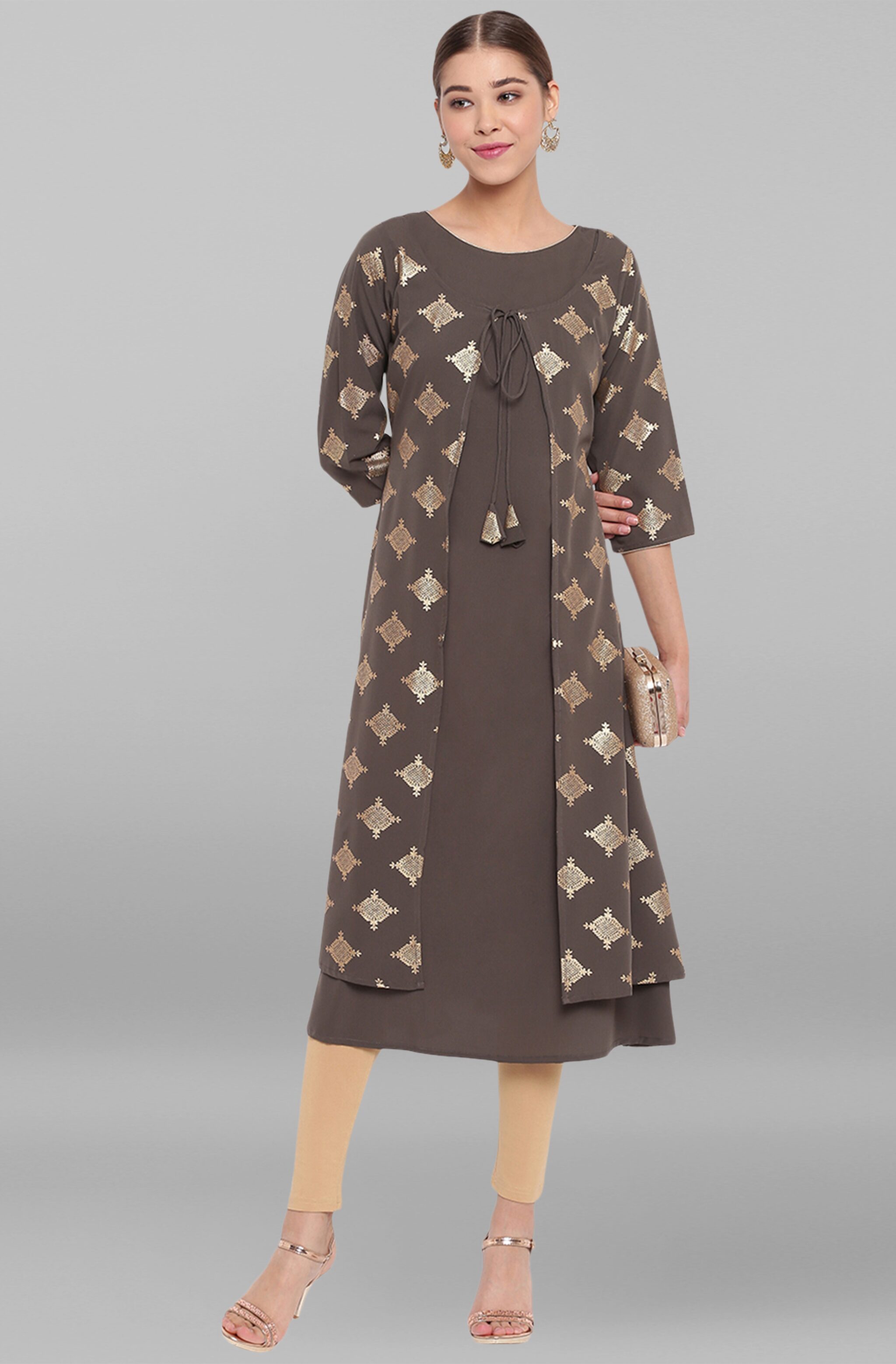 

Janasya Women Crepe Printed Grey Kurta
