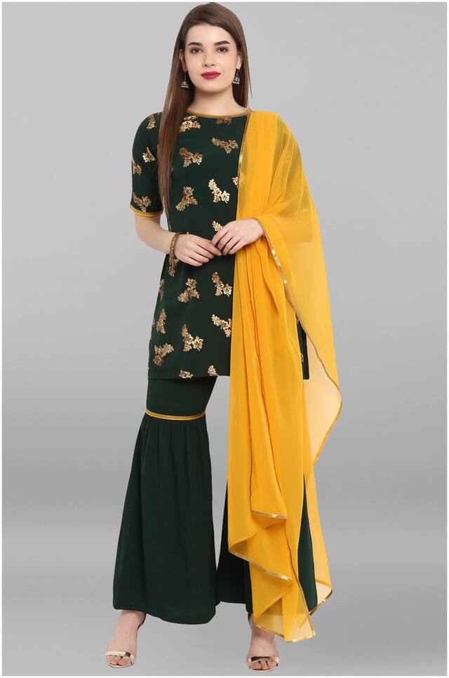 Janasya Women  Green Crepe Kurti With Sharara With Dupatta