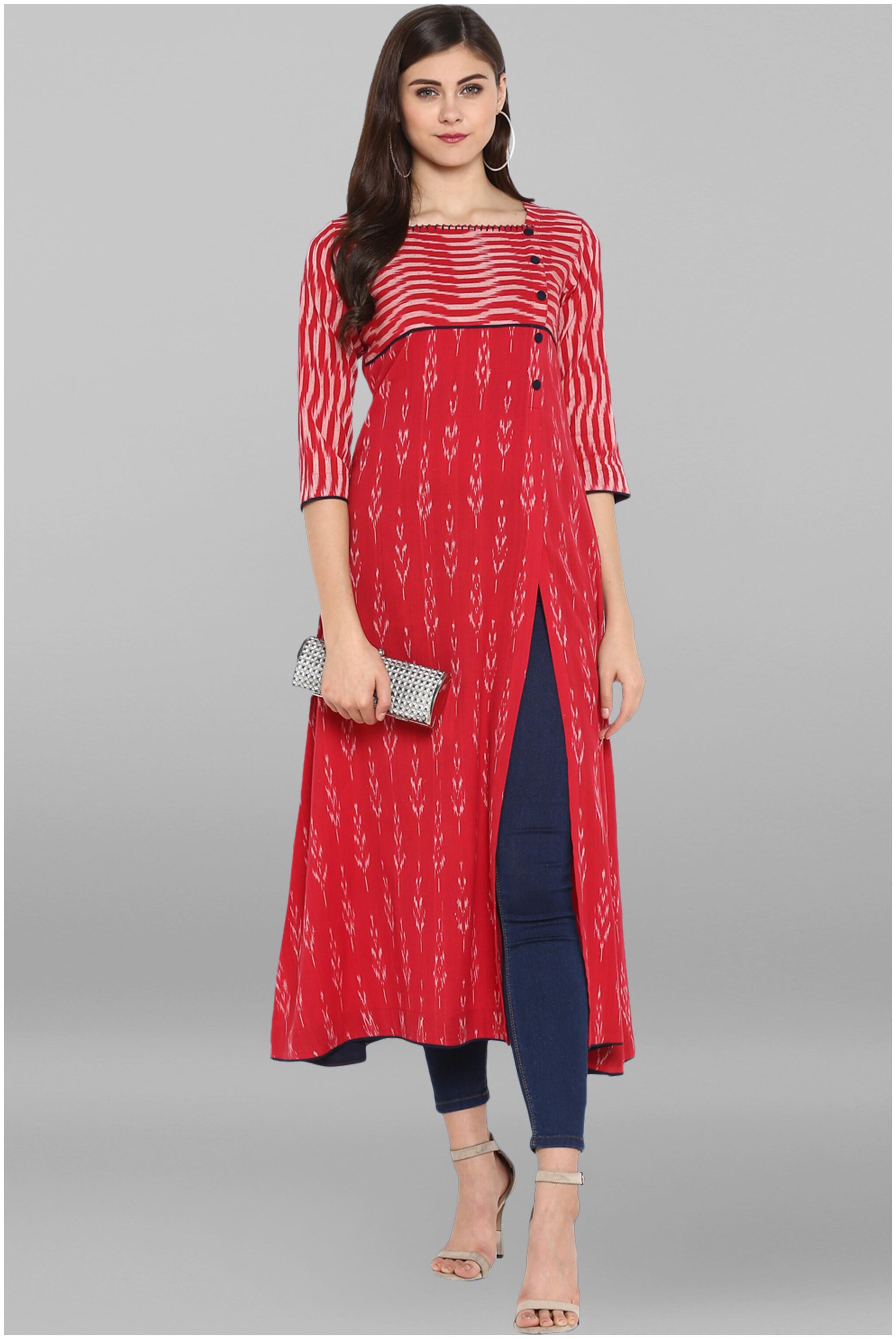 

Janasya Women Red Printed High Slit Kurta