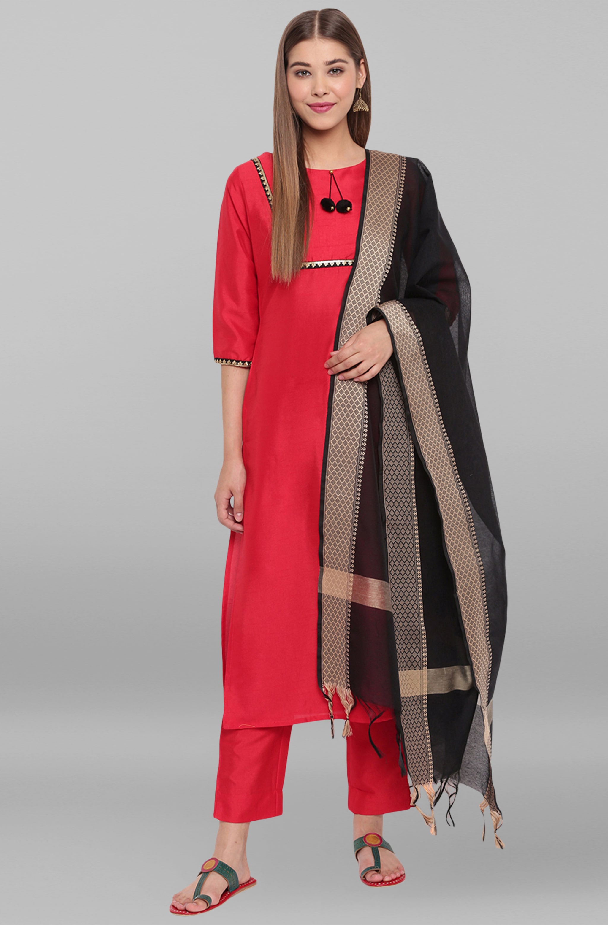

Janasya Women Red Solid Straight Kurta With Pants And Dupatta