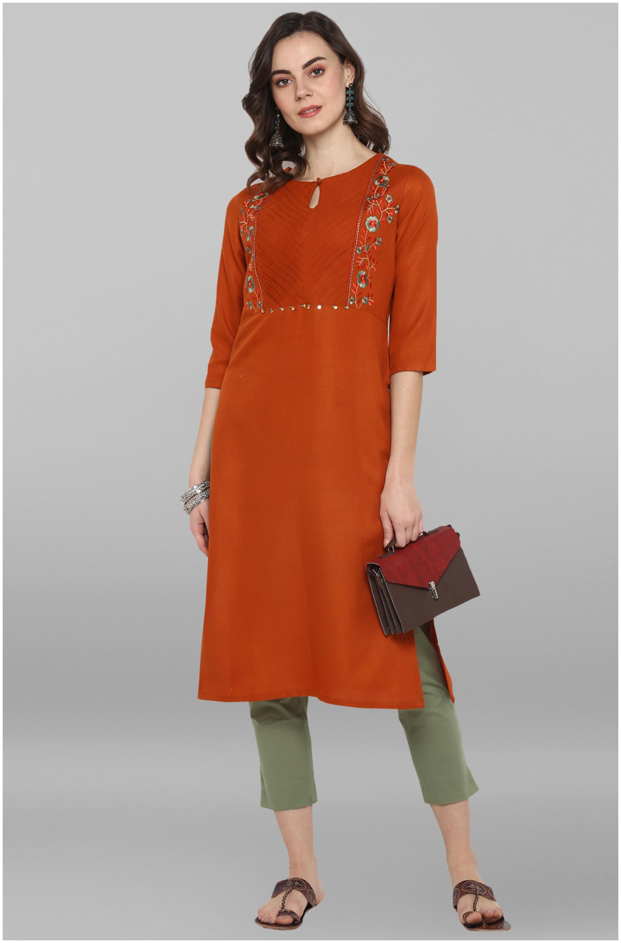 

Janasya Women Orange Embroidered Straight Kurta