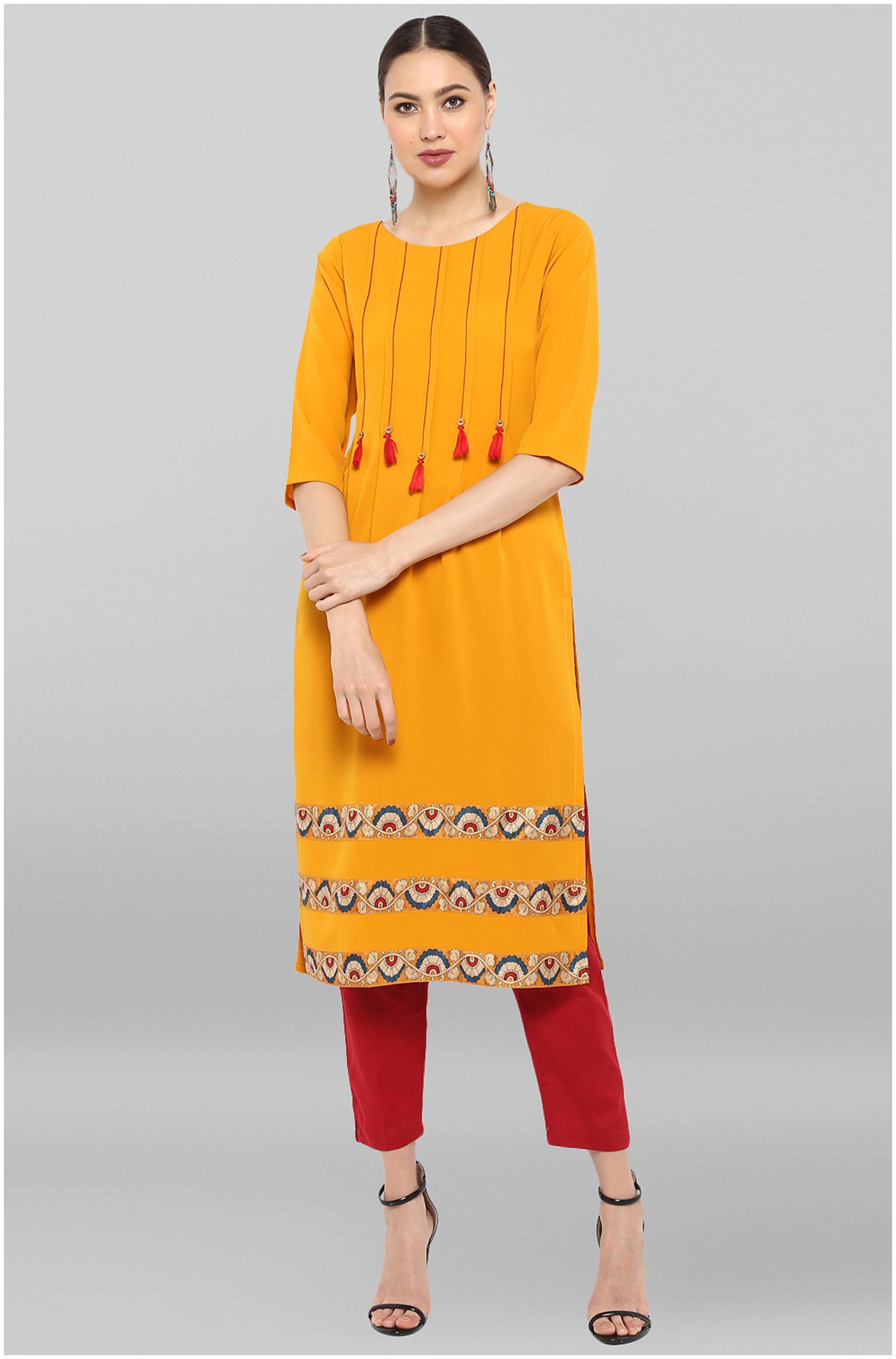 

Janasya Women Mustard Printed Straight Kurta