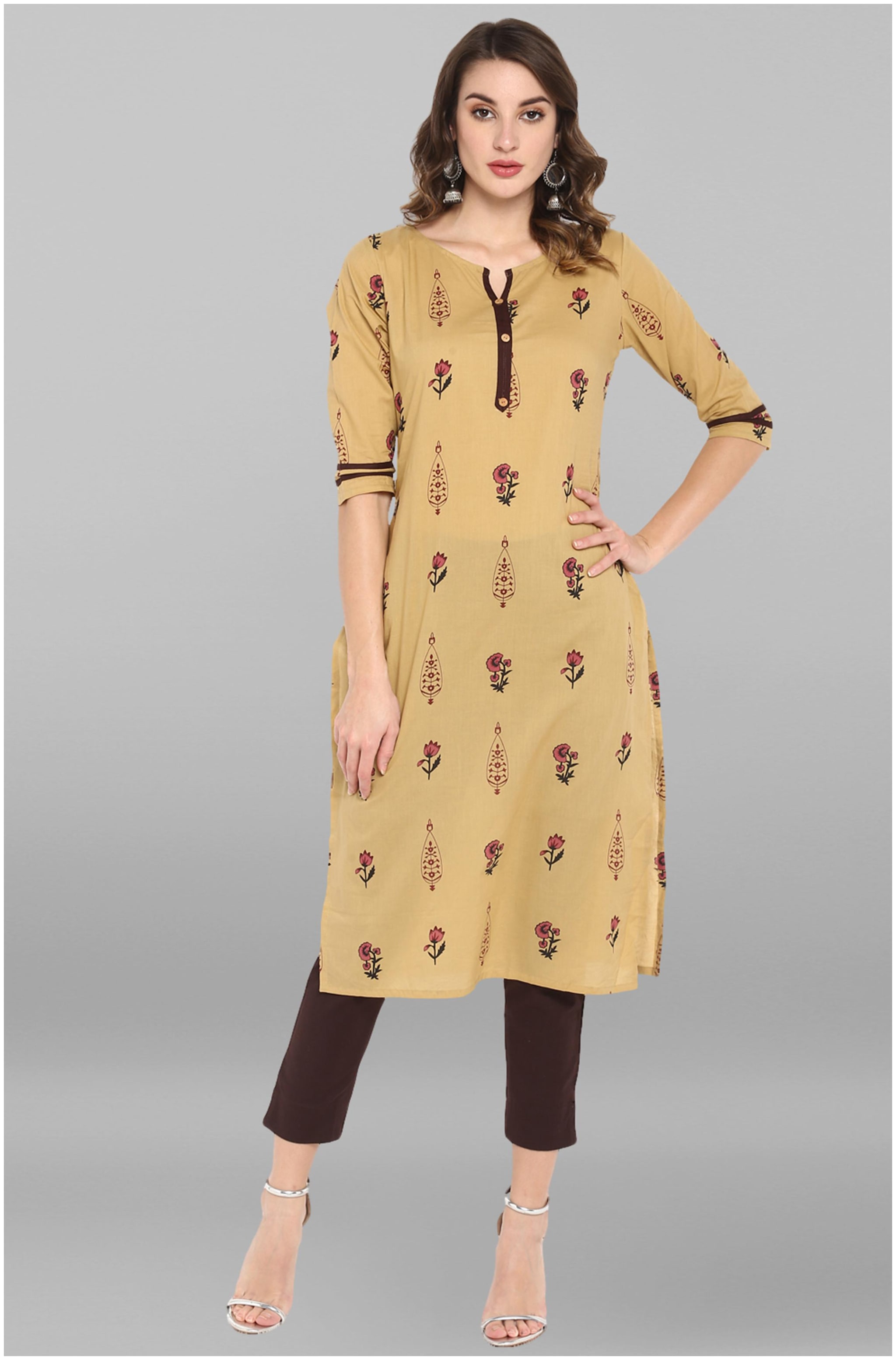 

Janasya Women Beige Floral Straight Kurta