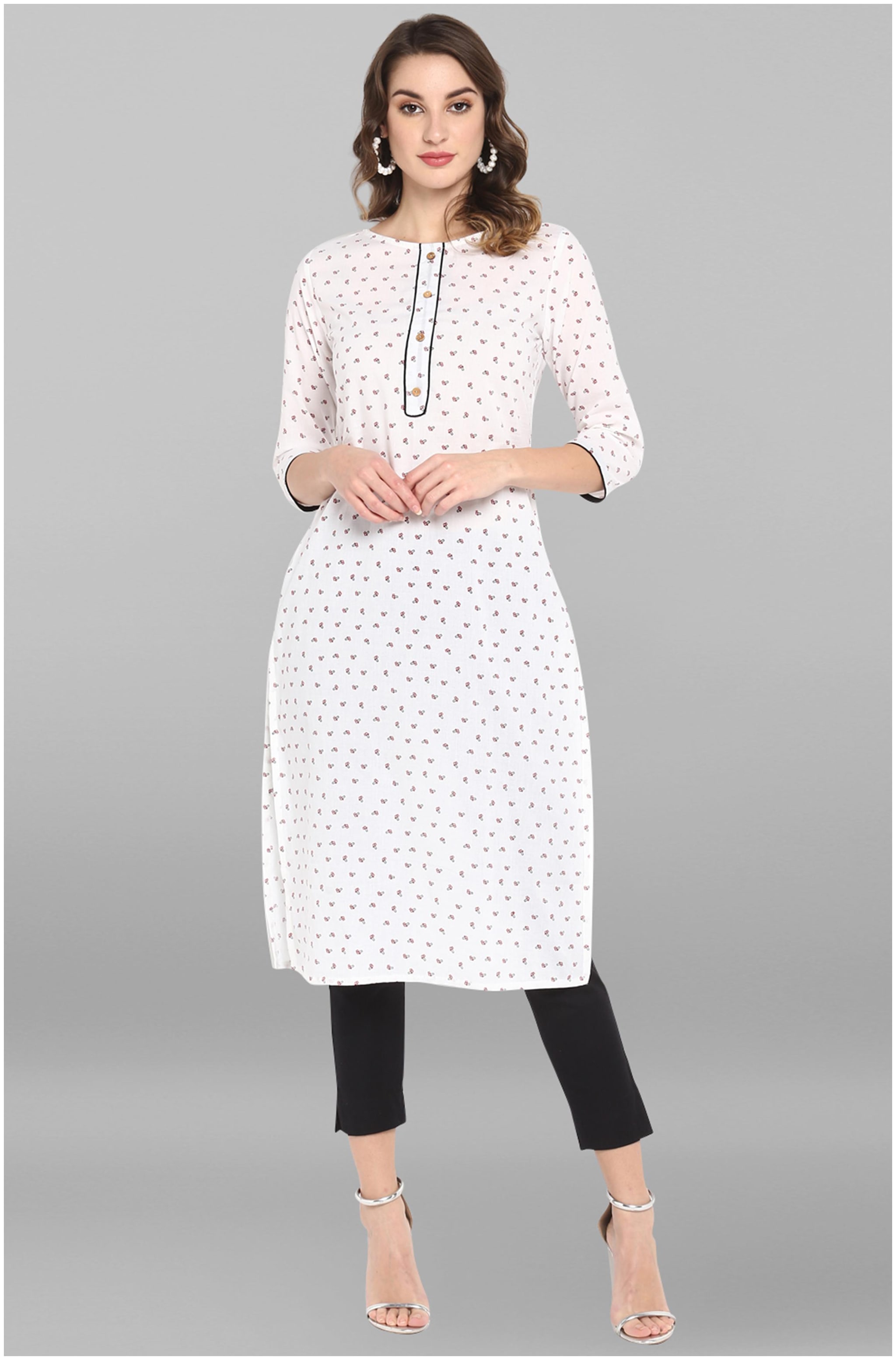 

Janasya Women White Printed Straight Kurta