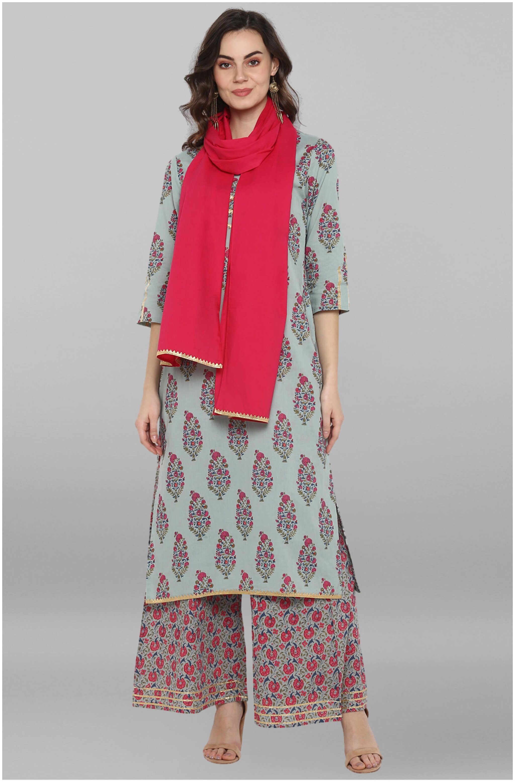 

Janasya Women Green Floral Straight Kurta With Palazzo And Dupatta