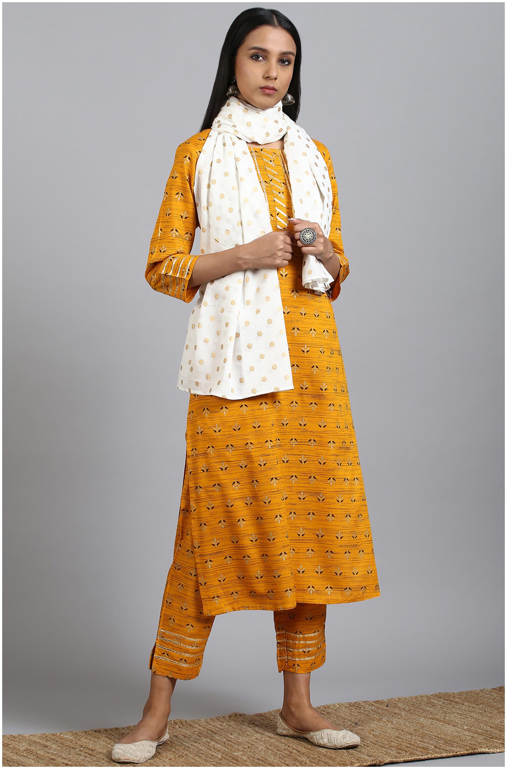 

Janasya Women Viscose Rayon Mustard Kurta Dupatta And Pant Set