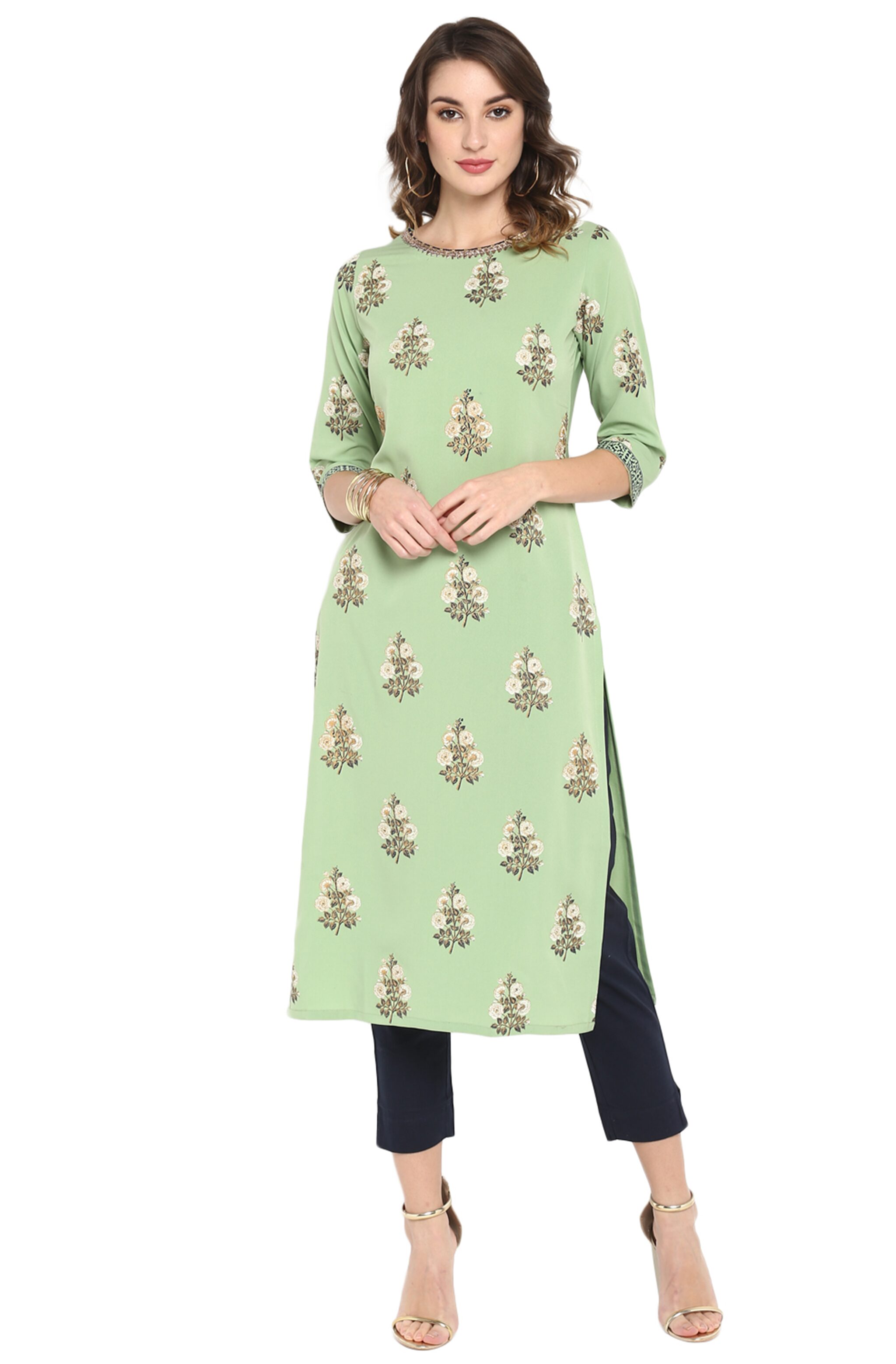 

Janasya Women Green Floral Straight Kurta