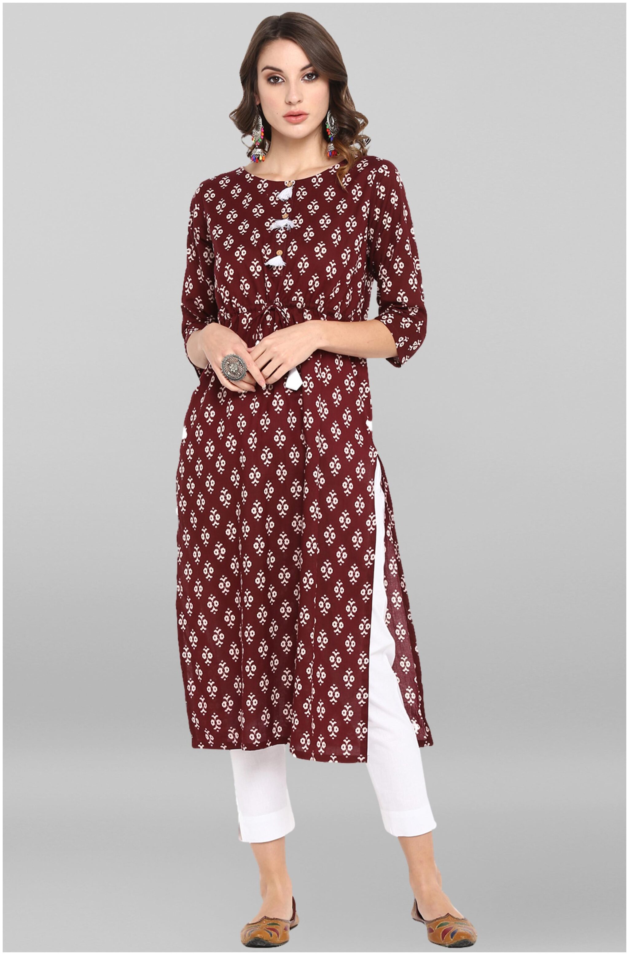 

Janasya Women Maroon Printed Straight Kurta