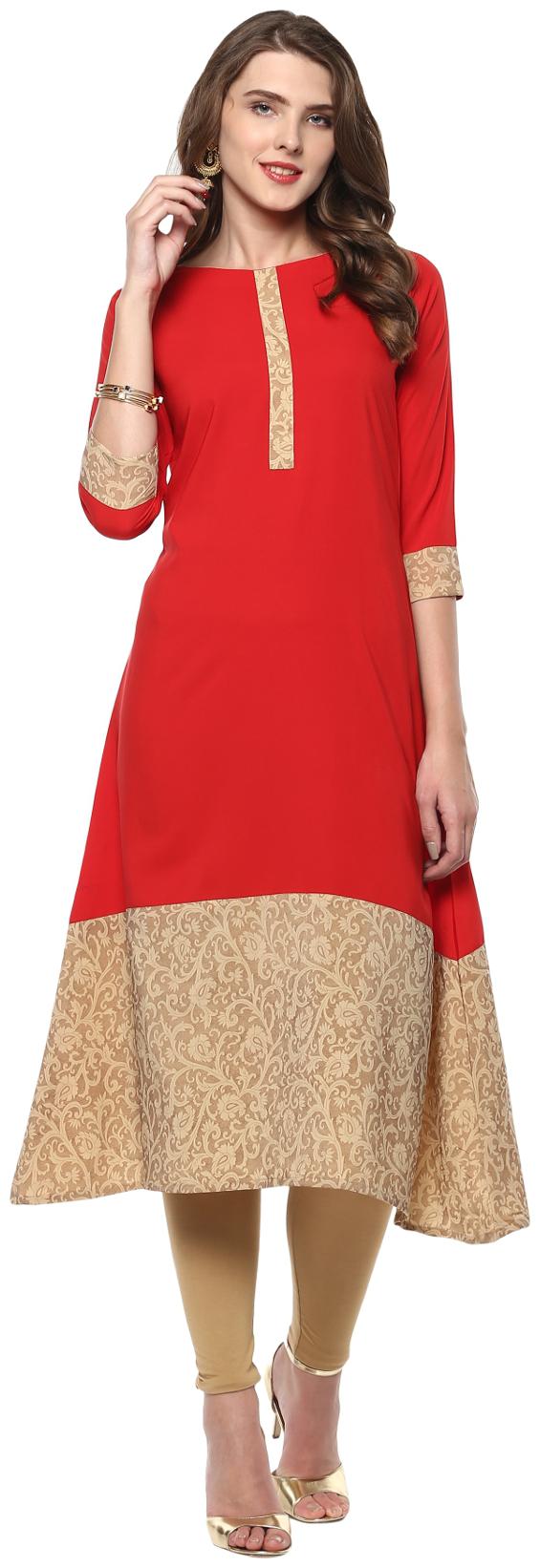 

Janasya Women s Red Crepe A-Line Solid Kurti