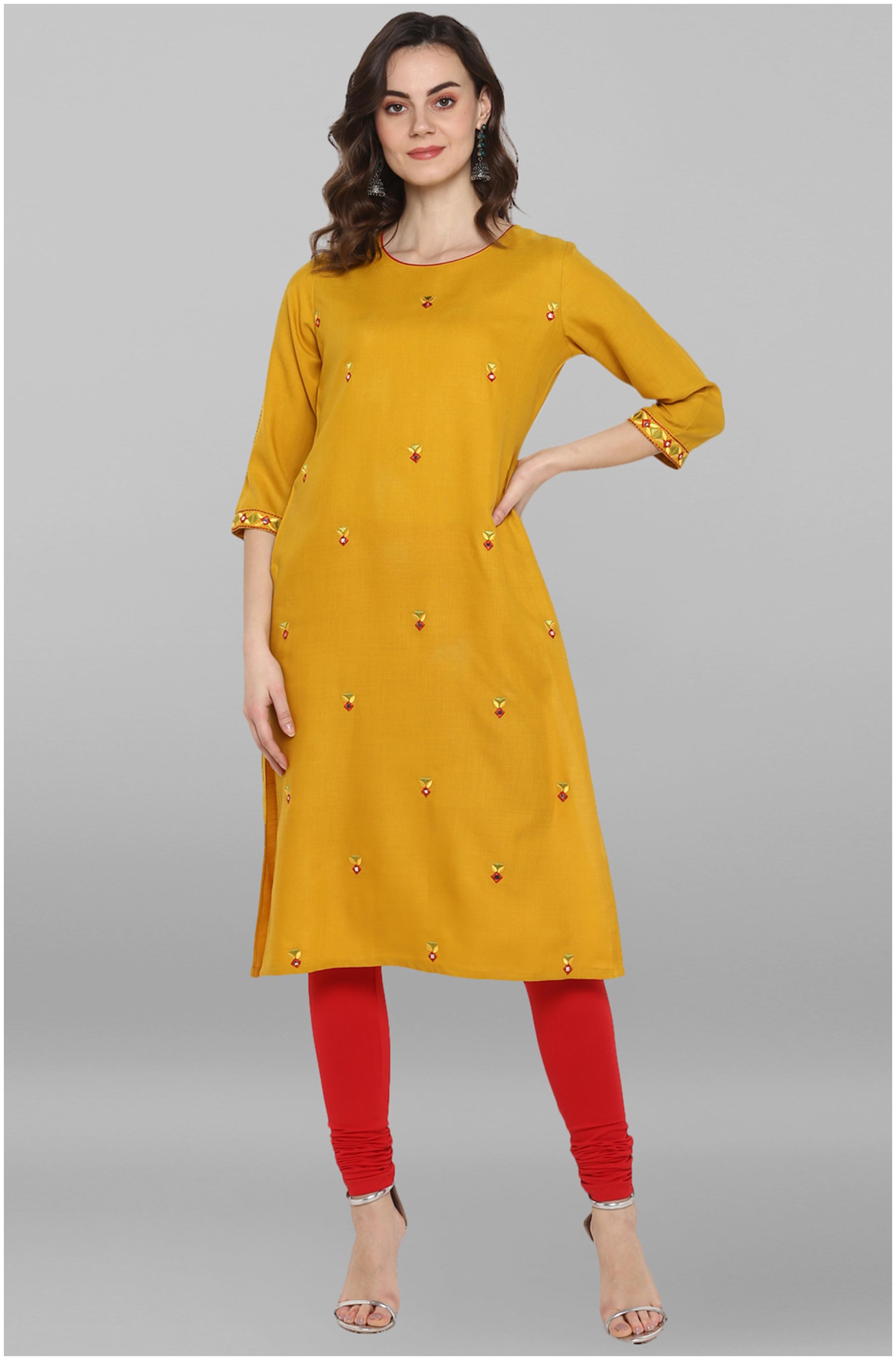 

Janasya Women Mustard Embroidered Straight Kurta