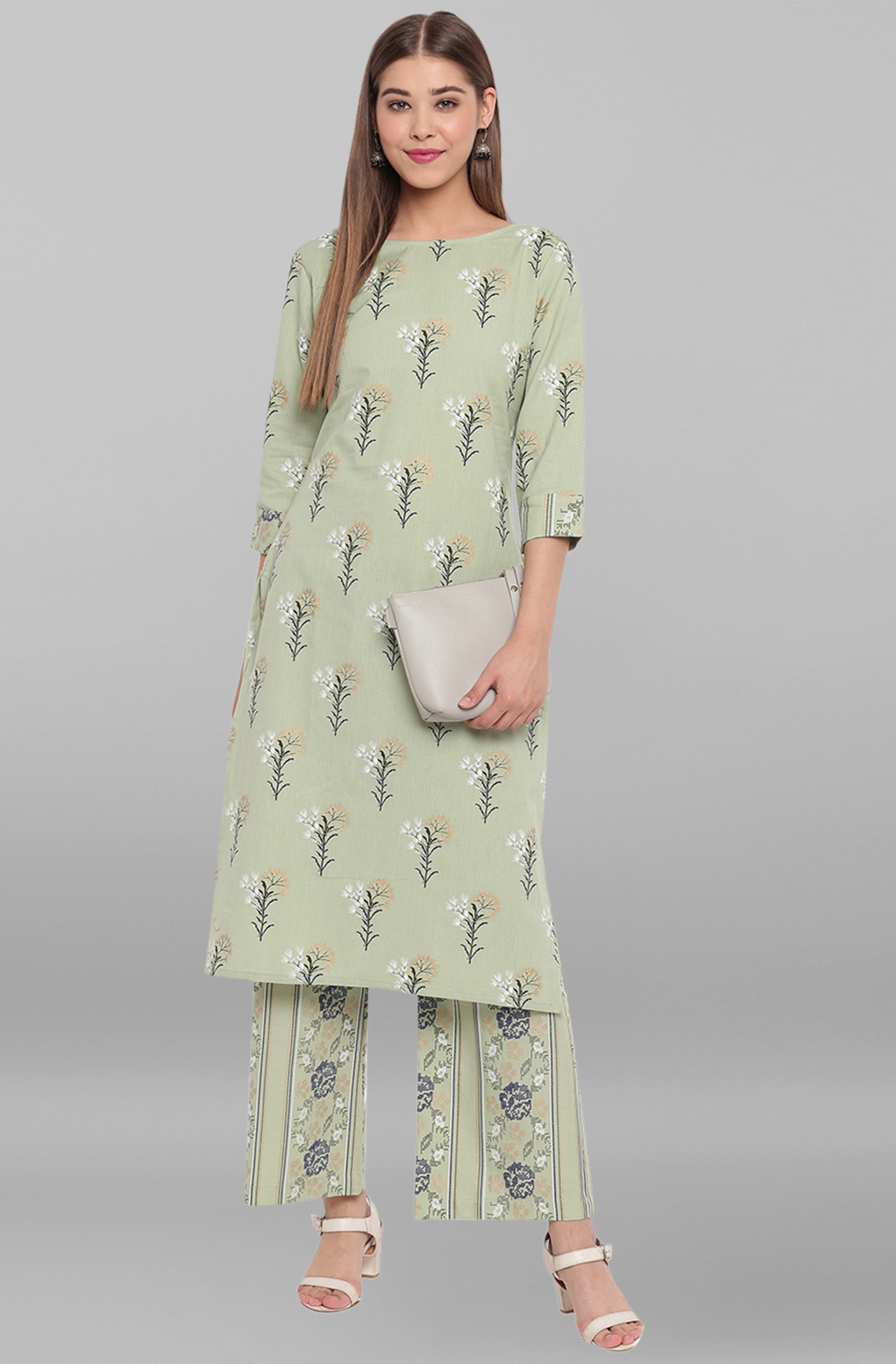 

Janasya Women Green Floral Straight Kurta With Palazzo