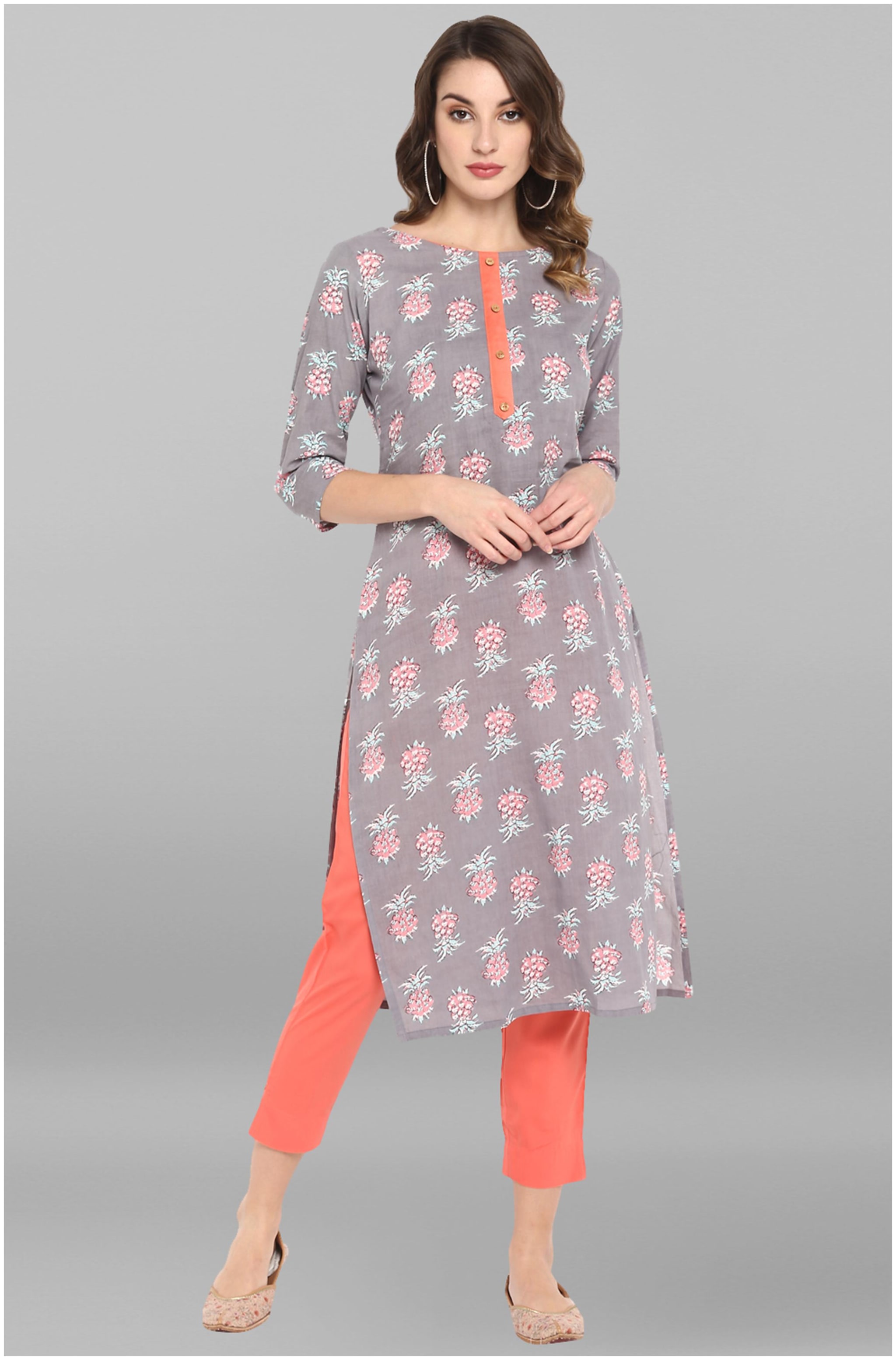 

Janasya Women Grey Floral Straight Kurta