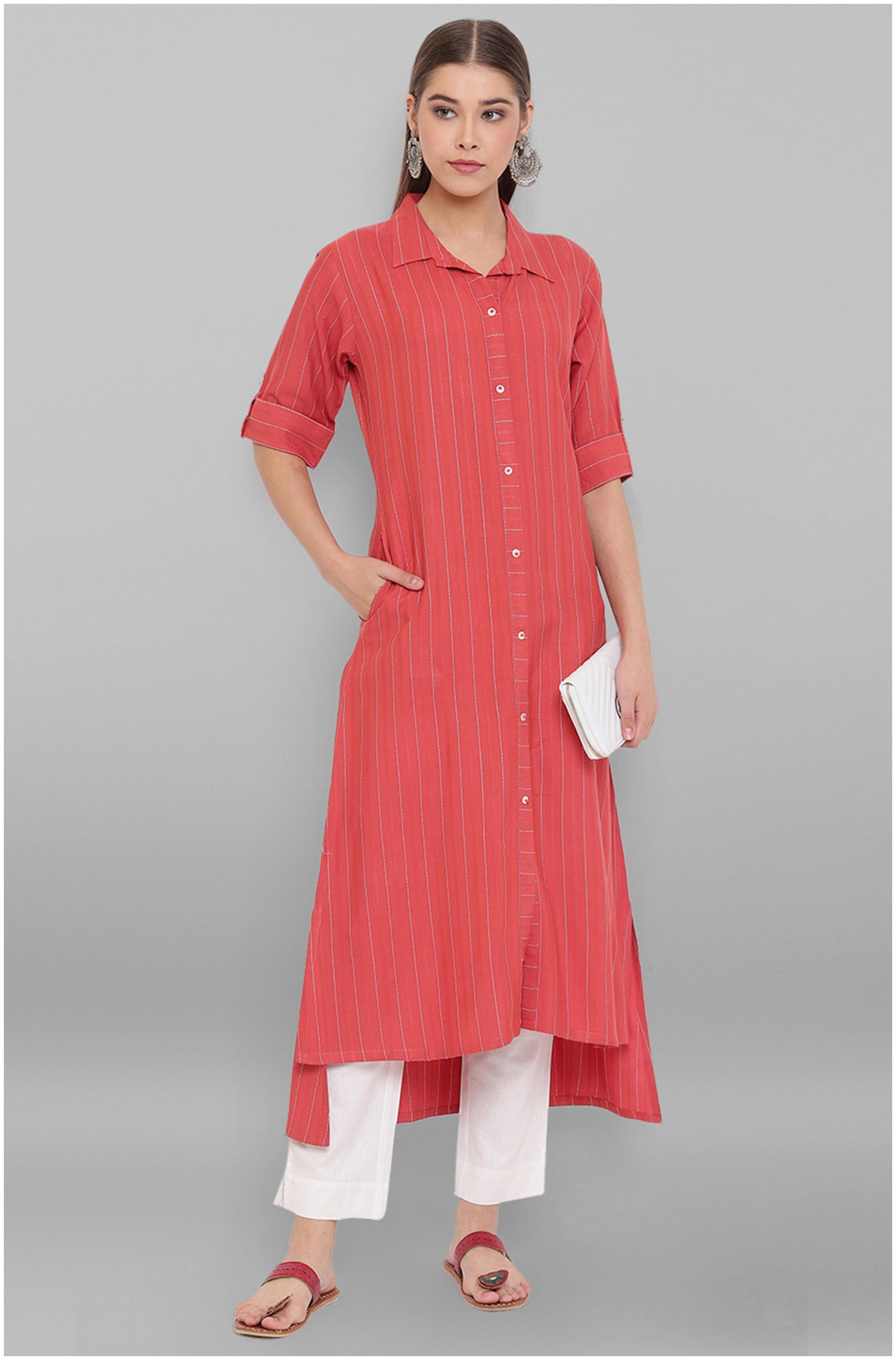 

Janasya Women Orange Striped Assymetrical Kurta