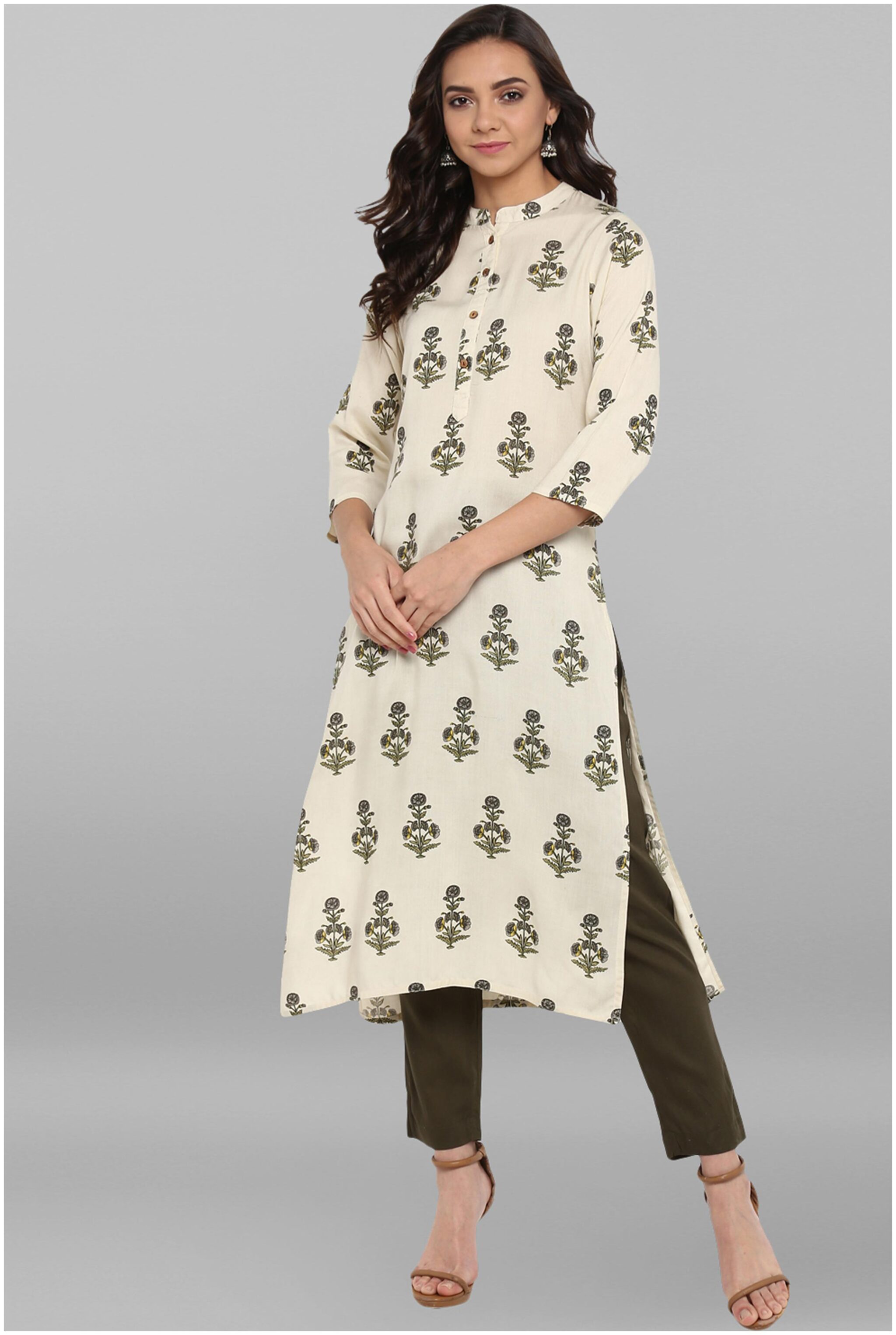 

Janasya Women Cream Green Rayon Kurta With Pant