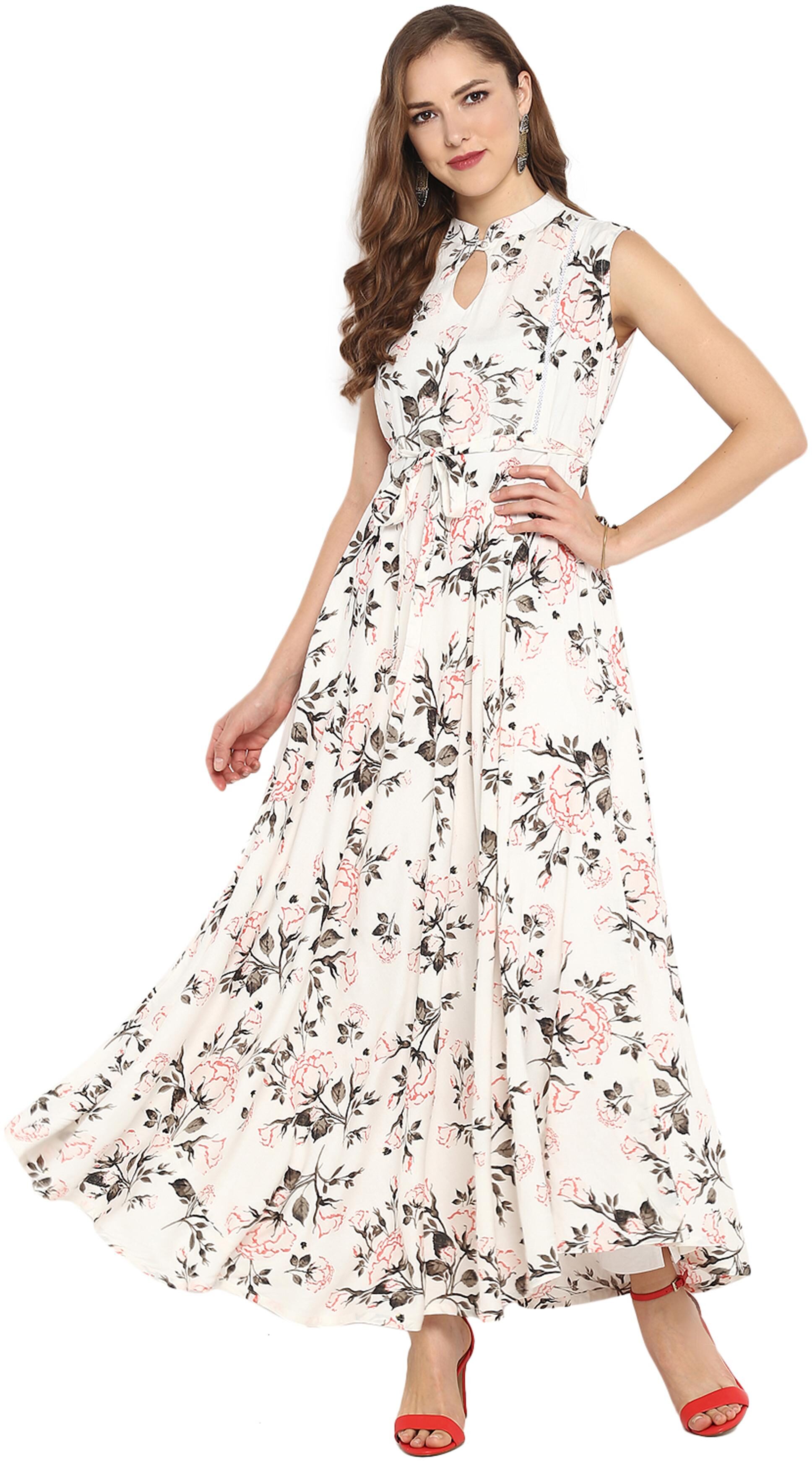 

Janasya Women White Floral Print Rayon Flared Kurti