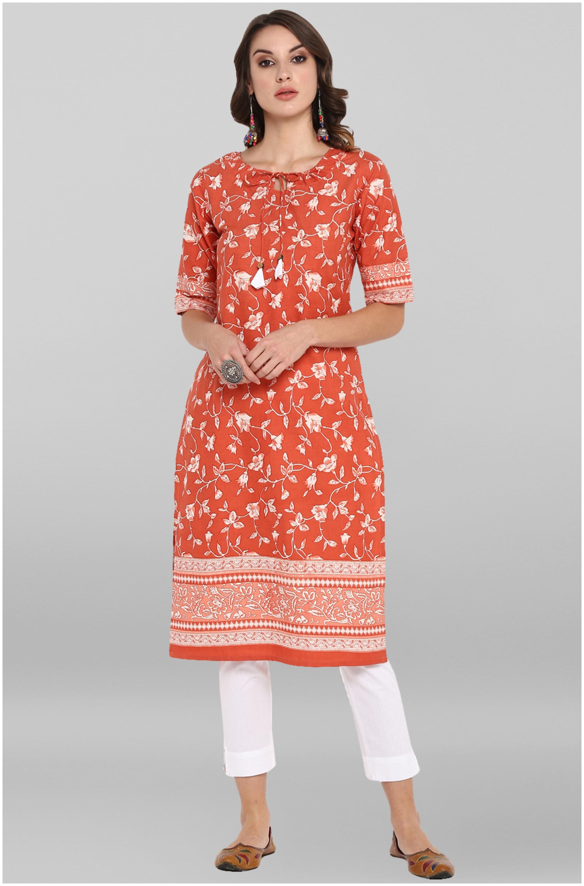 

Janasya Women Orange Floral Straight Kurta With Pants