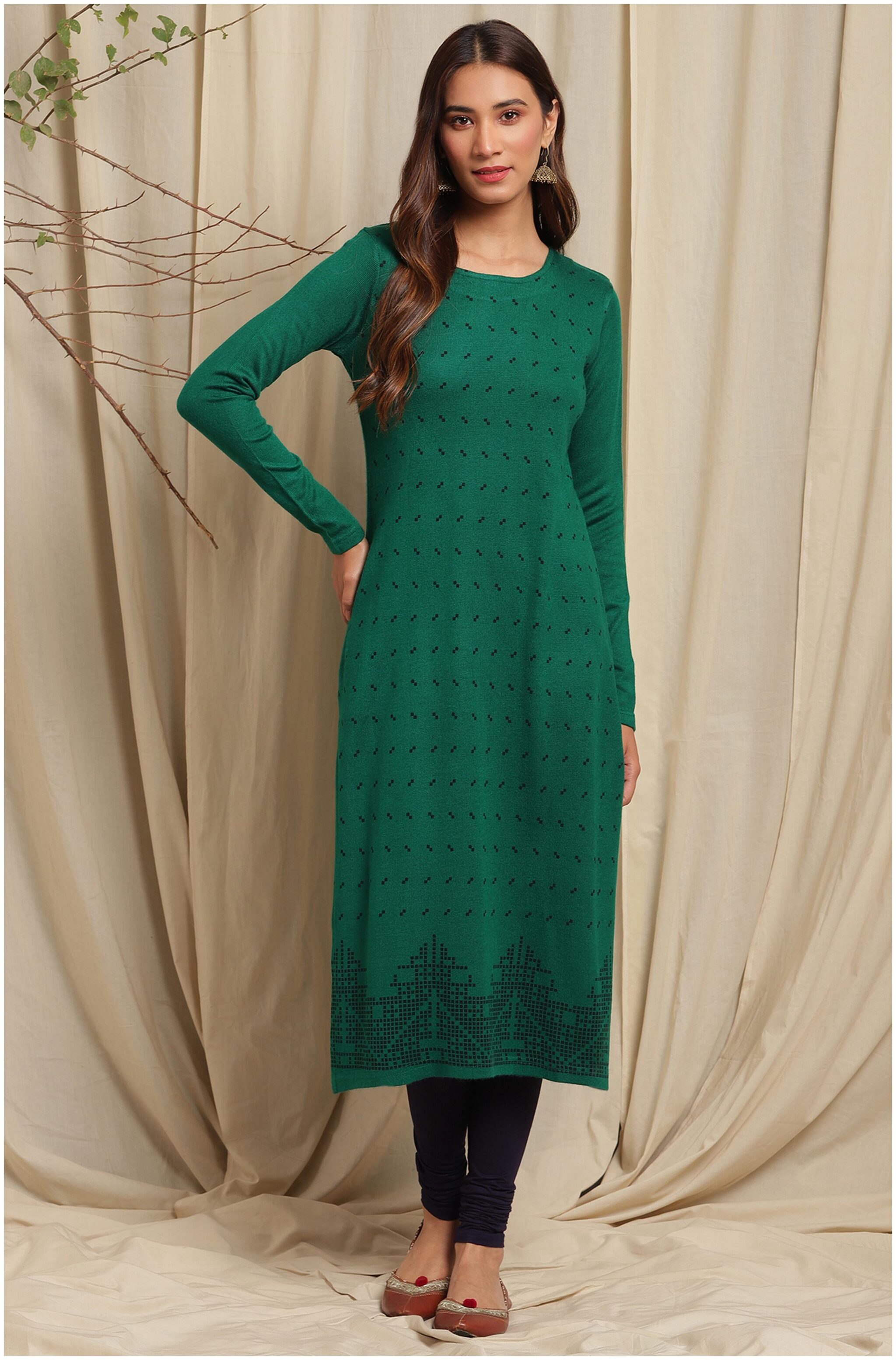 

Janasya Women Green Geometric Straight Kurta