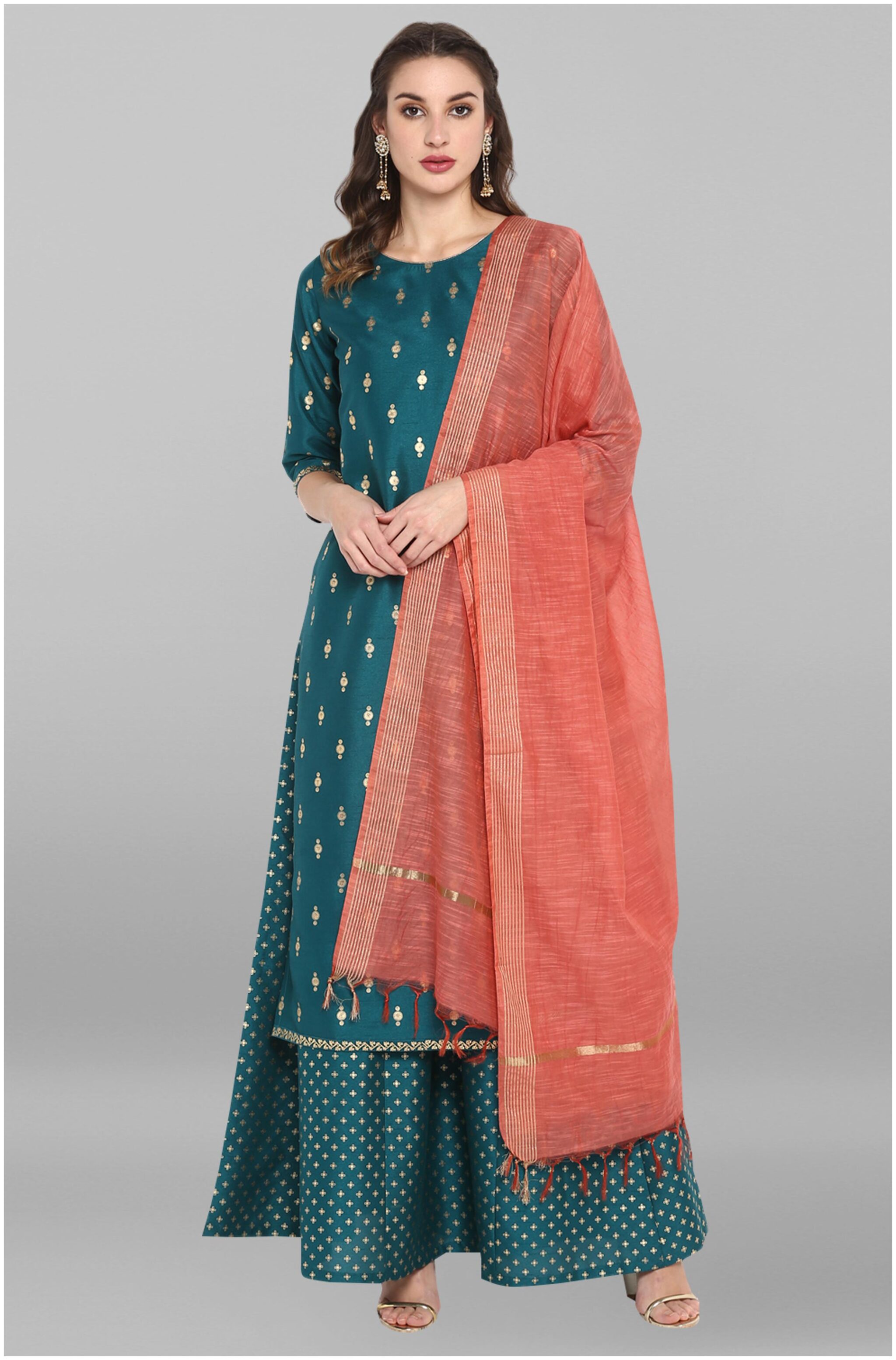 

Janasya Women Green Poly Silk Kurta With Palazzo