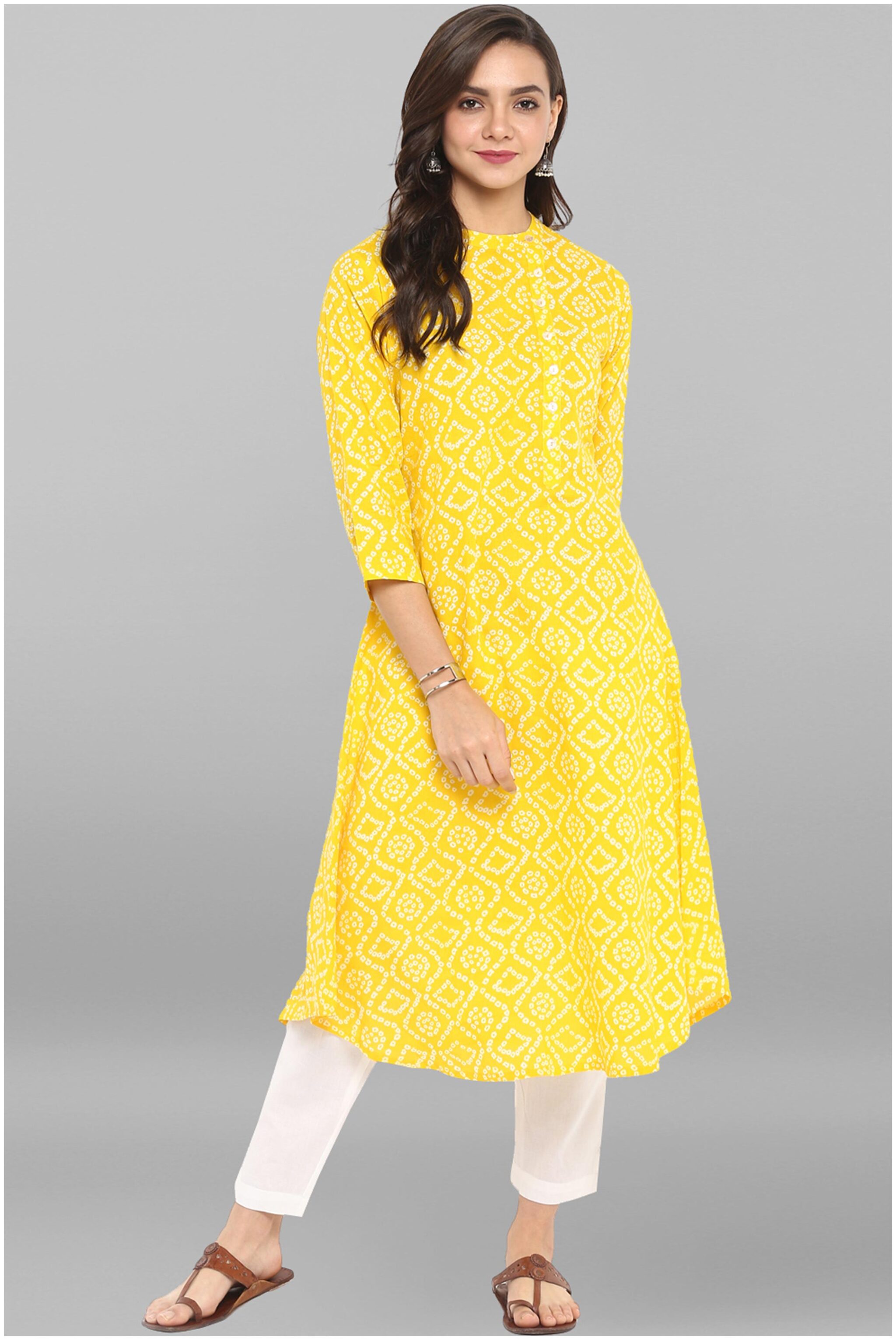 

Janasya Women Yellow White Cotton Kurta With Pant