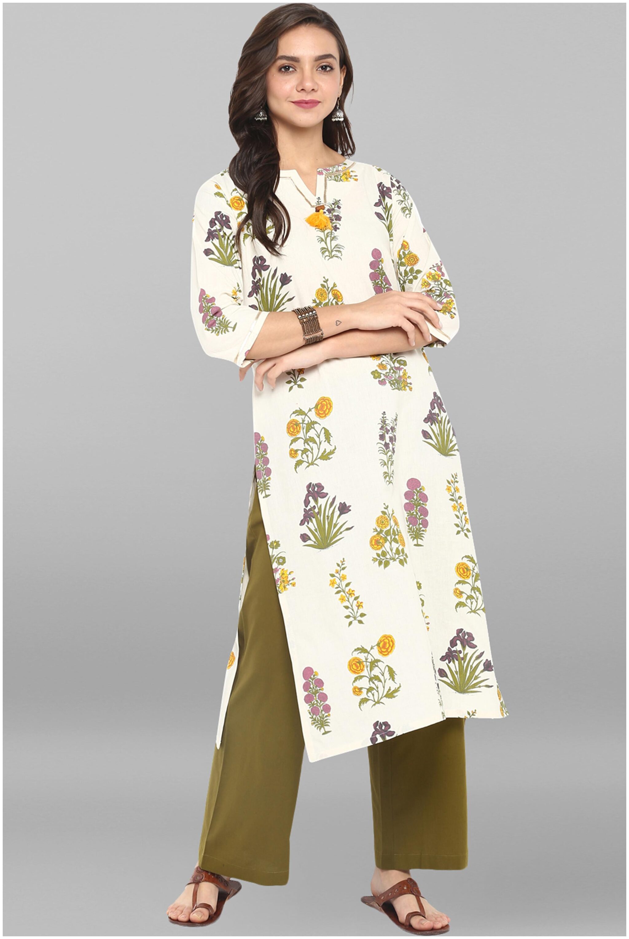 

Janasya Women Cream Green Cotton Kurta With Palazzo