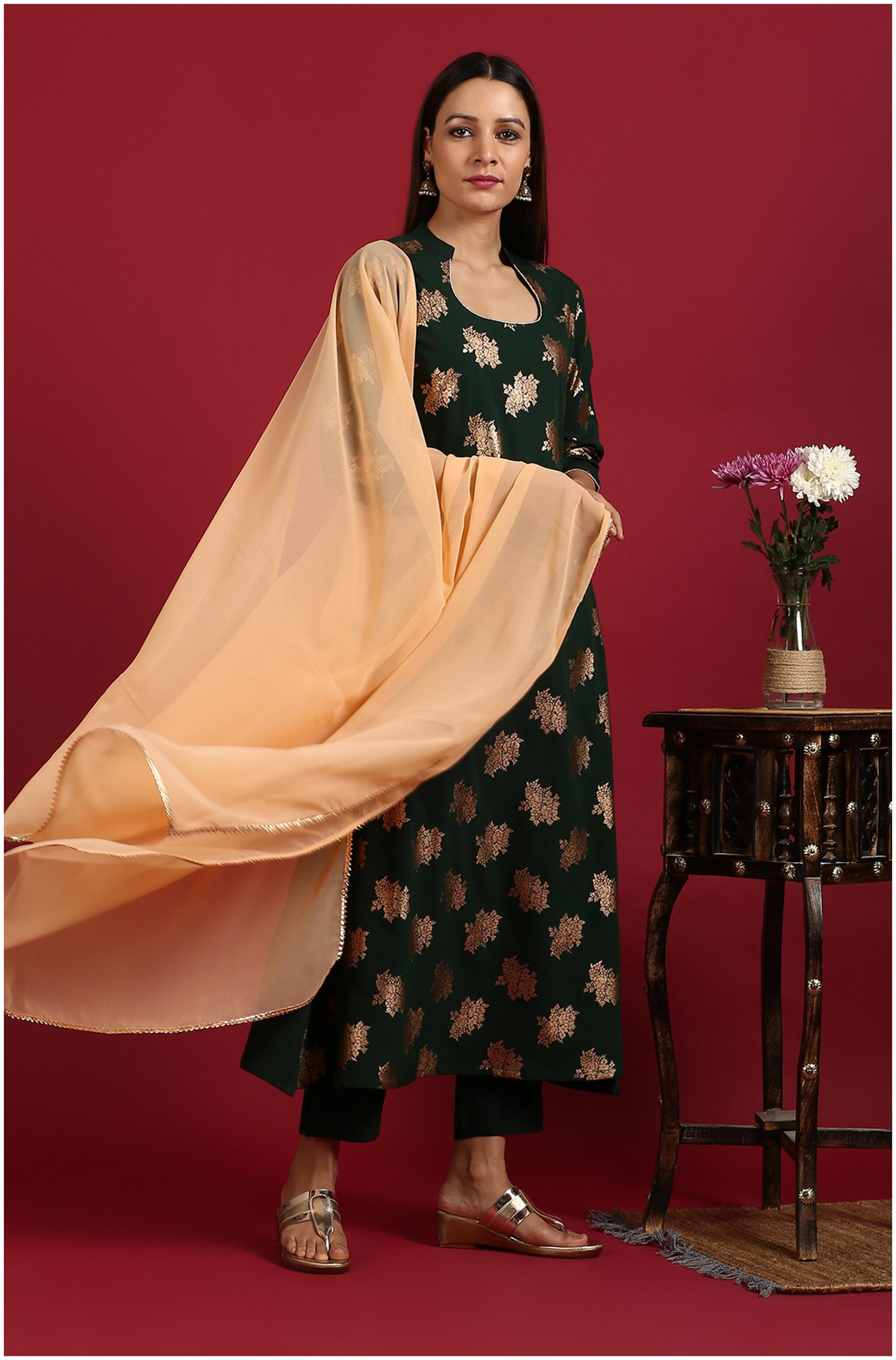 

Janasya Women s Green Poly Crepe Kurta With Pant And Dupatta