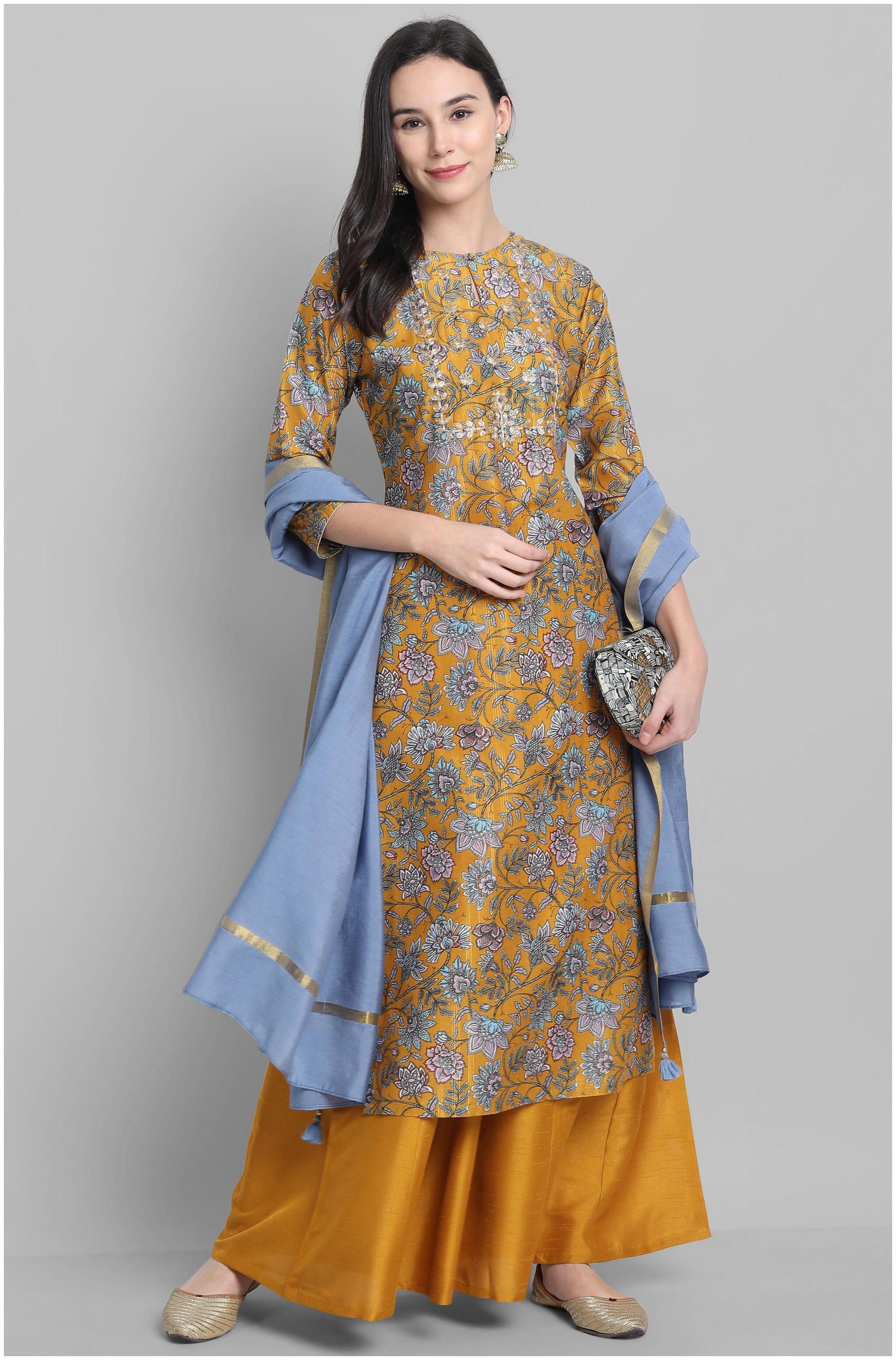 

Janasya Women Mustard Floral Straight Kurta With Palazzo And Dupatta