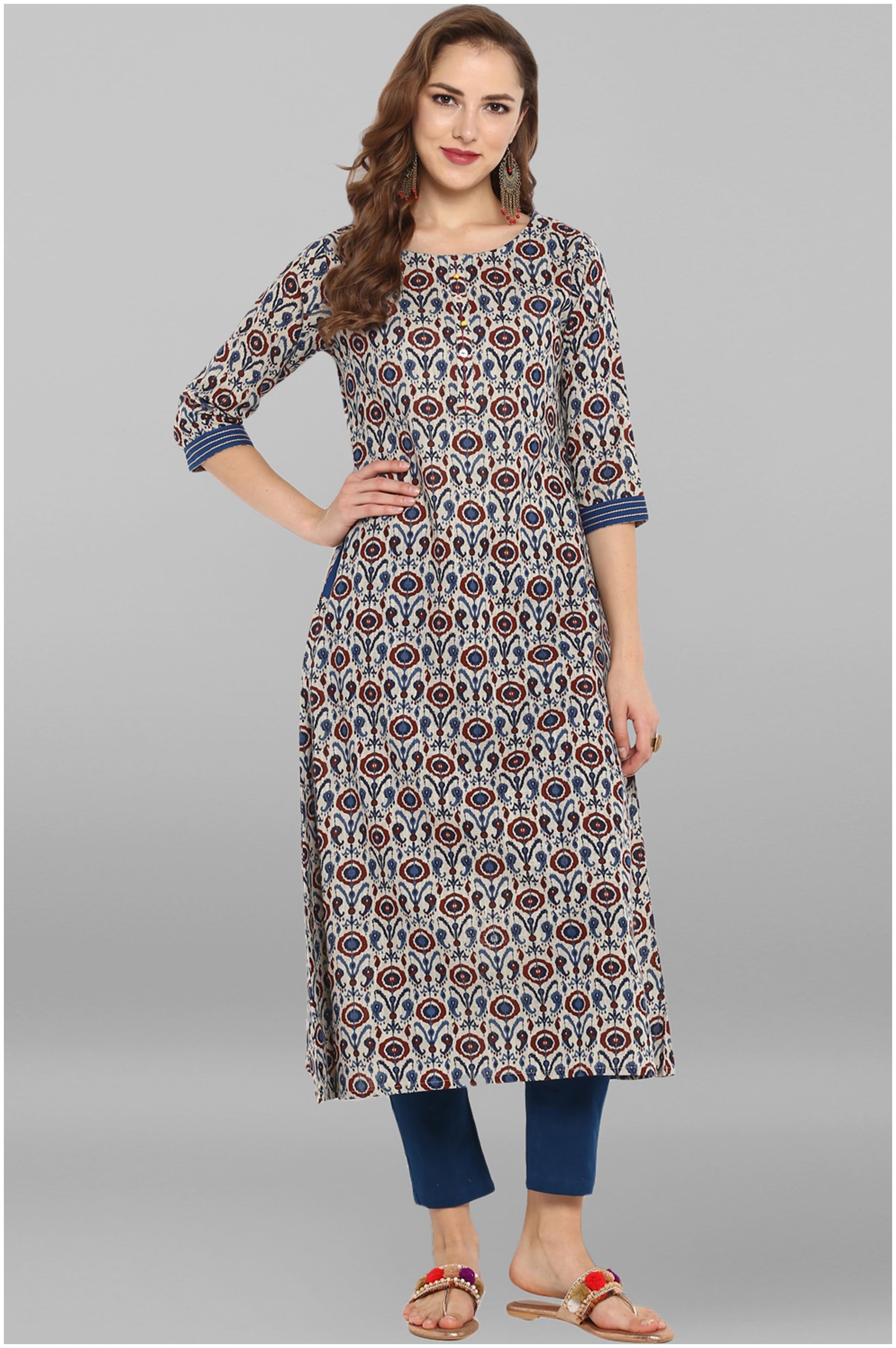 

Janasya Women Cotton Printed A-Line Kurta With Pants Multi