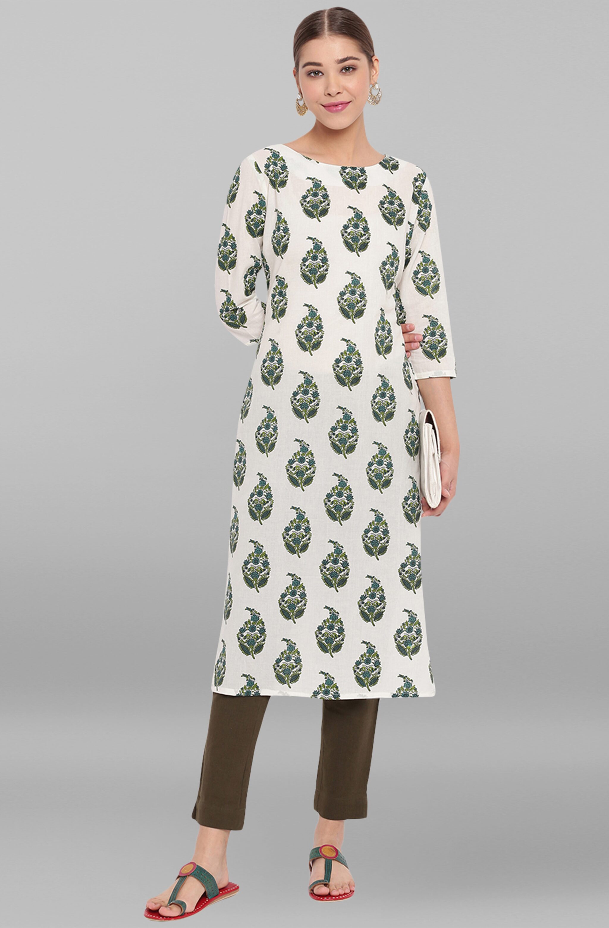 

Janasya Women White Printed Straight Kurta