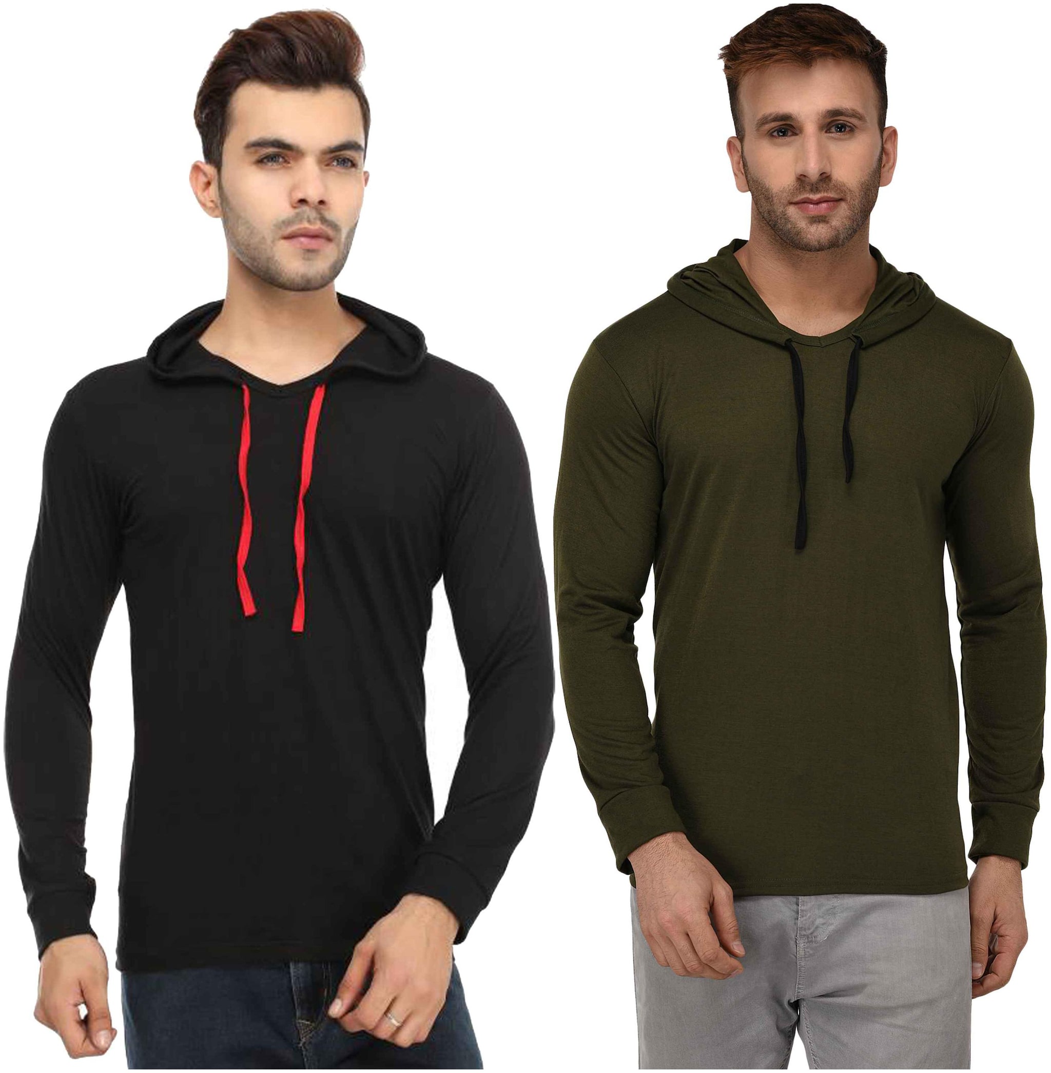 

Jangoboy Men Olive Black Regular fit Cotton Blend Hood T-Shirt - Pack Of 2