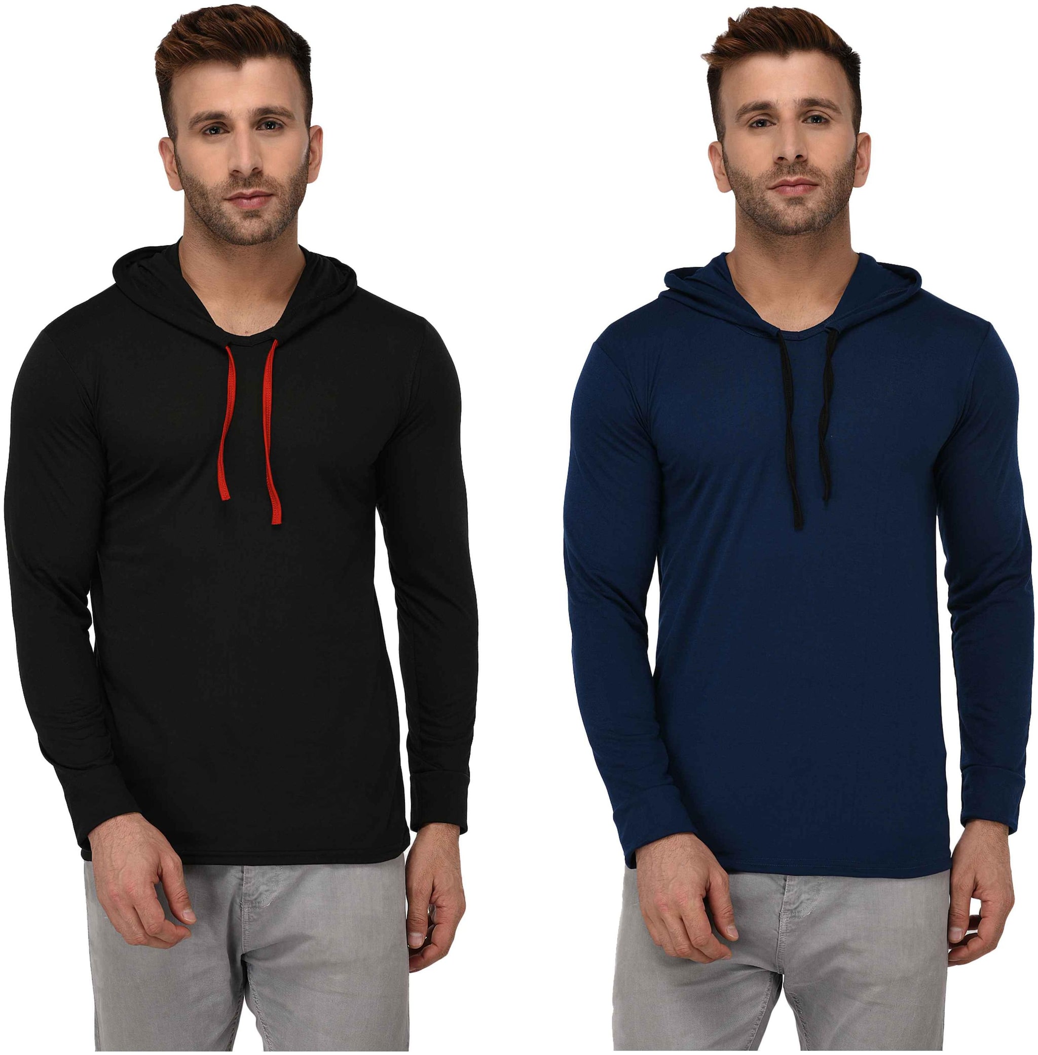 

Jangoboy Men Blue Black Regular fit Cotton Blend Hood T-Shirt - Pack Of 2