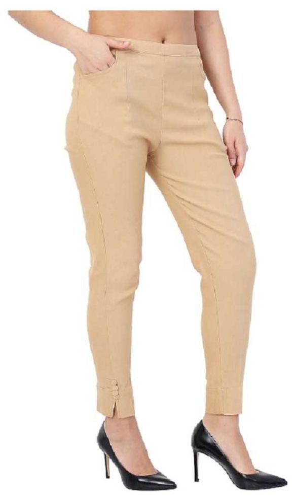 

JANVII Cotton Solid Beige Regular Pants Trousers For Women