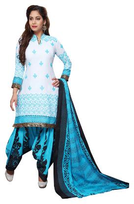 

Jevi Prints Women s Unstitched Cotton White Blue Block Printed Patiyala Suit with Mangalgiri Border