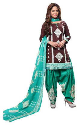 

Jevi Prints Women s Unstitched Cotton Brown Green Block Printed Patiyala Suit with Mangalgiri Border