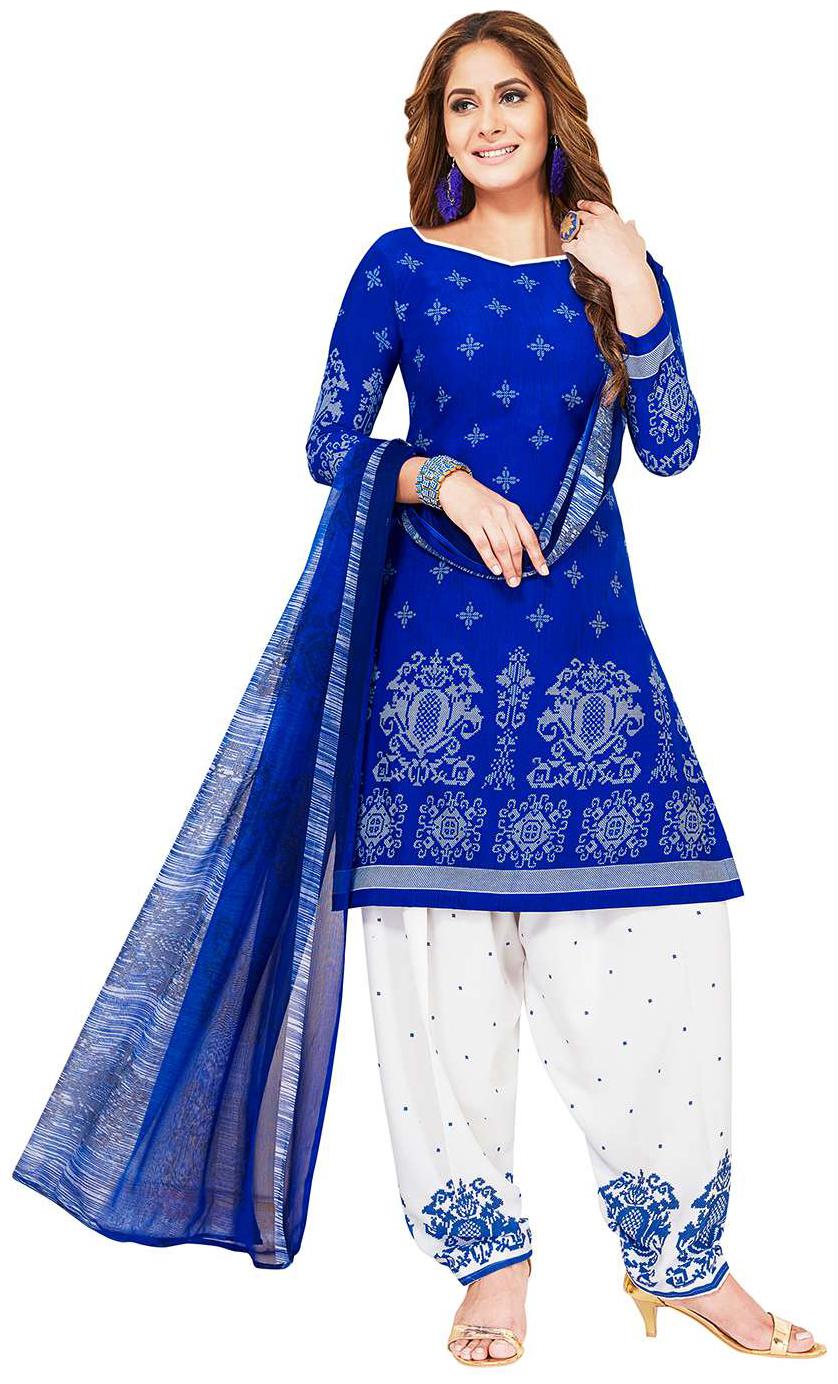 

Jevi Prints Women s Unstitched Synthetic Crepe Blue White Block Printed Salwar Suit Dupatta Material