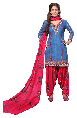 

Jevi Prints Women s Unstitched Cotton Blue Pink Geometric Printed Patiyala Suit with Mangalgiri Border