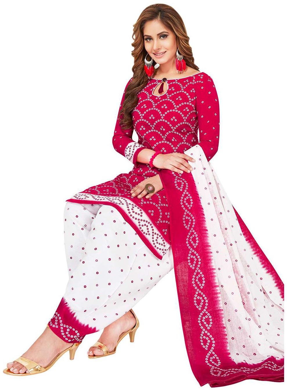 

Jevi Prints Women s Unstitched Synthetic Crepe Pink White Geometric Printed Salwar Suit Dupatta Material