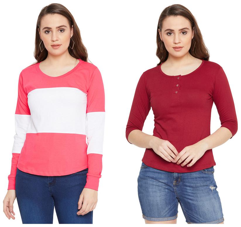

Jhankhi Women Multi Regular fit Henley neck Cotton T shirt