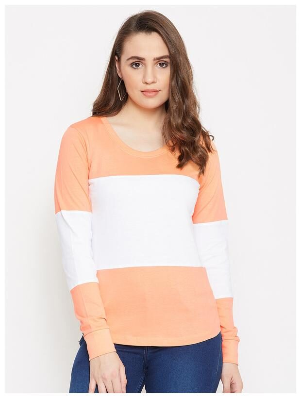 

Jhankhi Women Orange White Regular fit Round neck Cotton T shirt