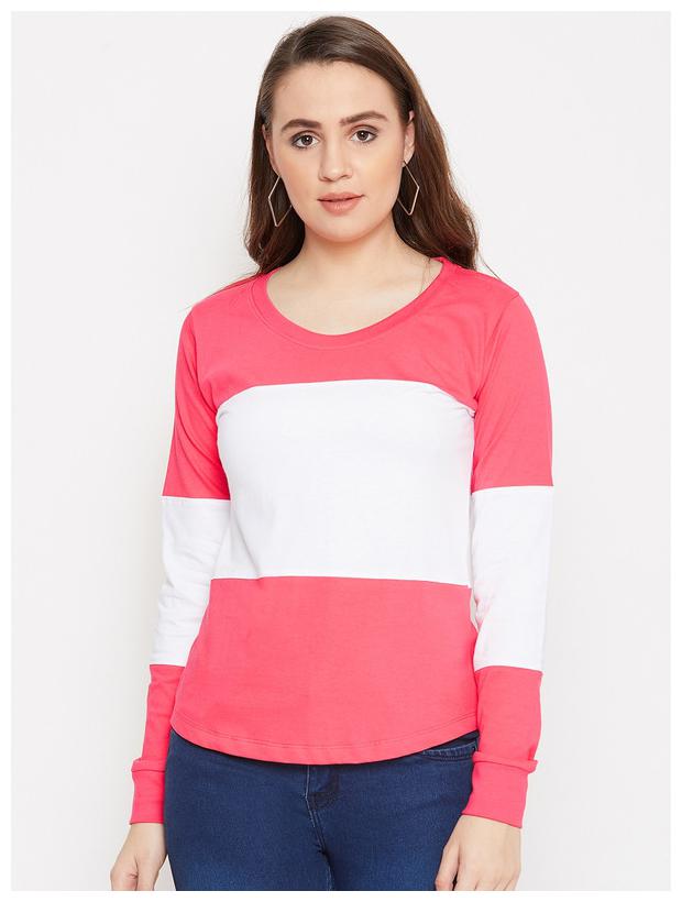 

Jhankhi Women Pink White Regular fit Round neck Cotton T shirt