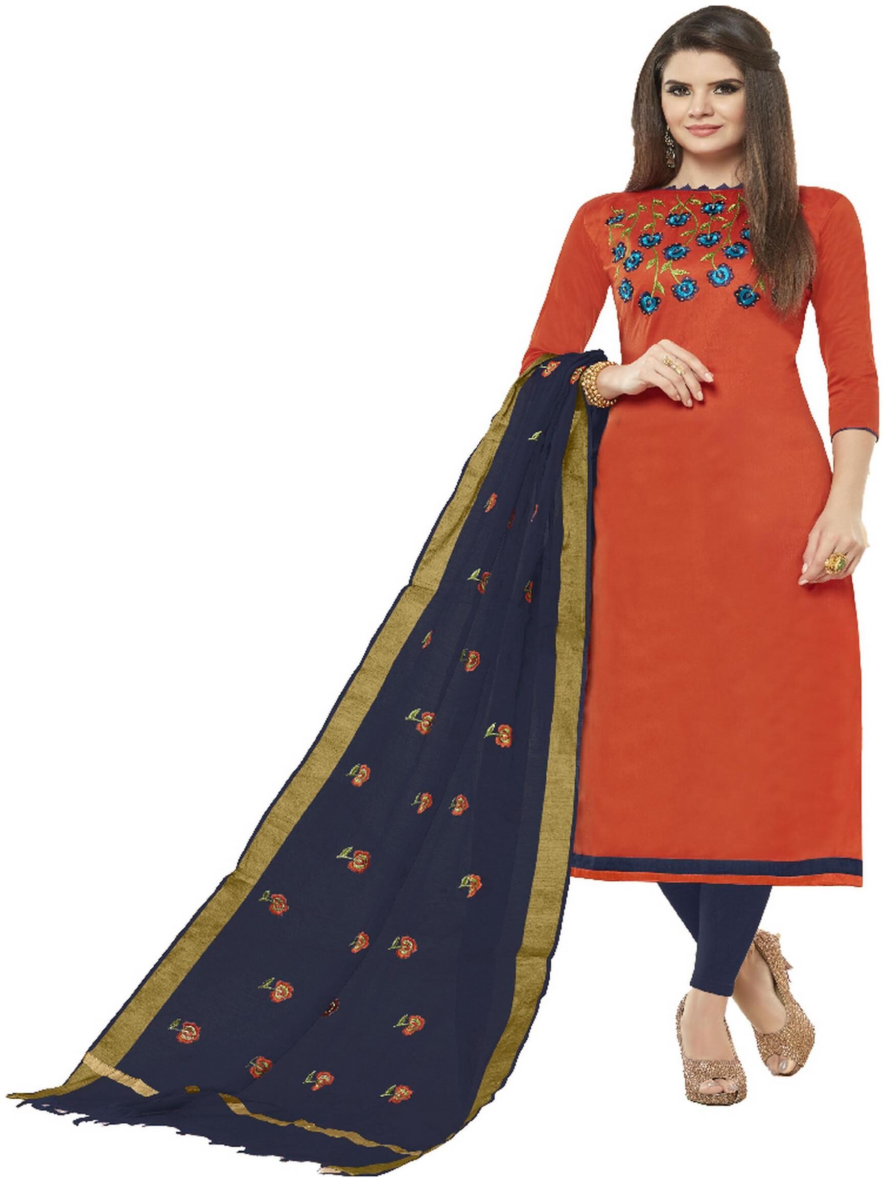 

JHEENU Orange Unstitched Kurta with bottom dupatta With dupatta Dress Material